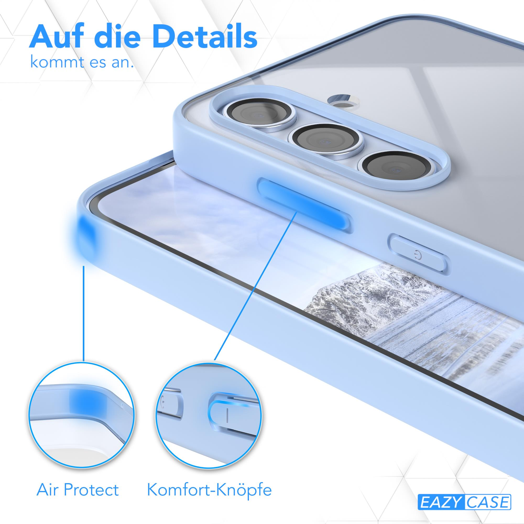 Eine hellblaue Handyhülle mit Knöpfen. Die Hülle liegt auf einem Handy. Air Protect und Komfort-Knöpfe.