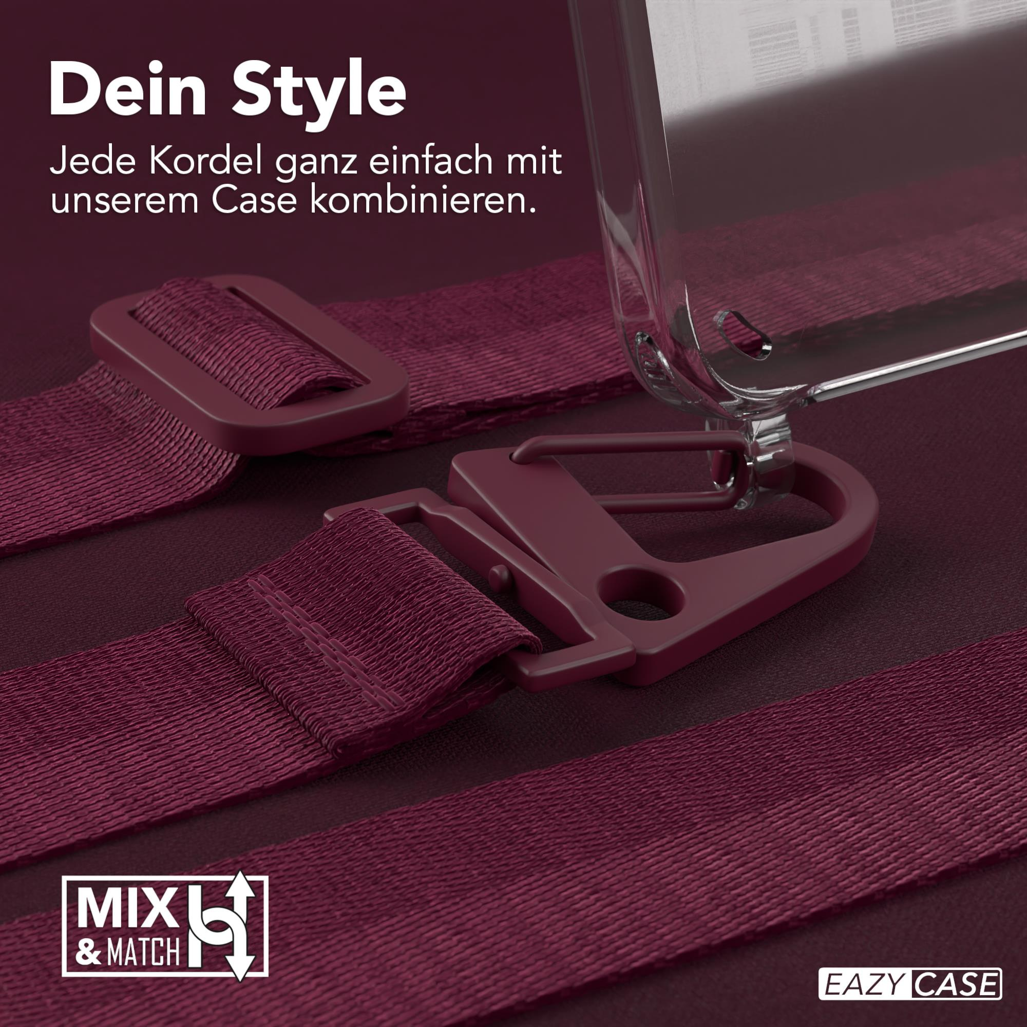 Nahaufnahme eines weinroten Handybandes und einer transparenten Handyhülle mit weinroter Schnalle. Text lautet 'MXL & MATCH'.