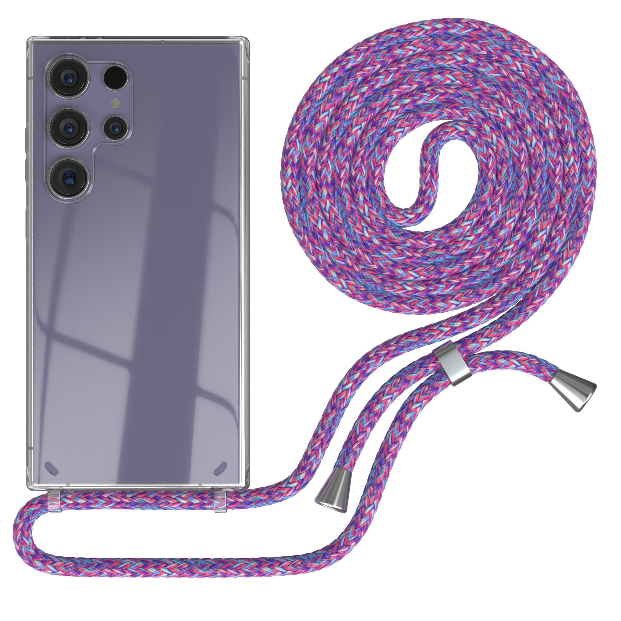 Telefon in einer transparenten Hülle mit farbenfrohem Kabel.