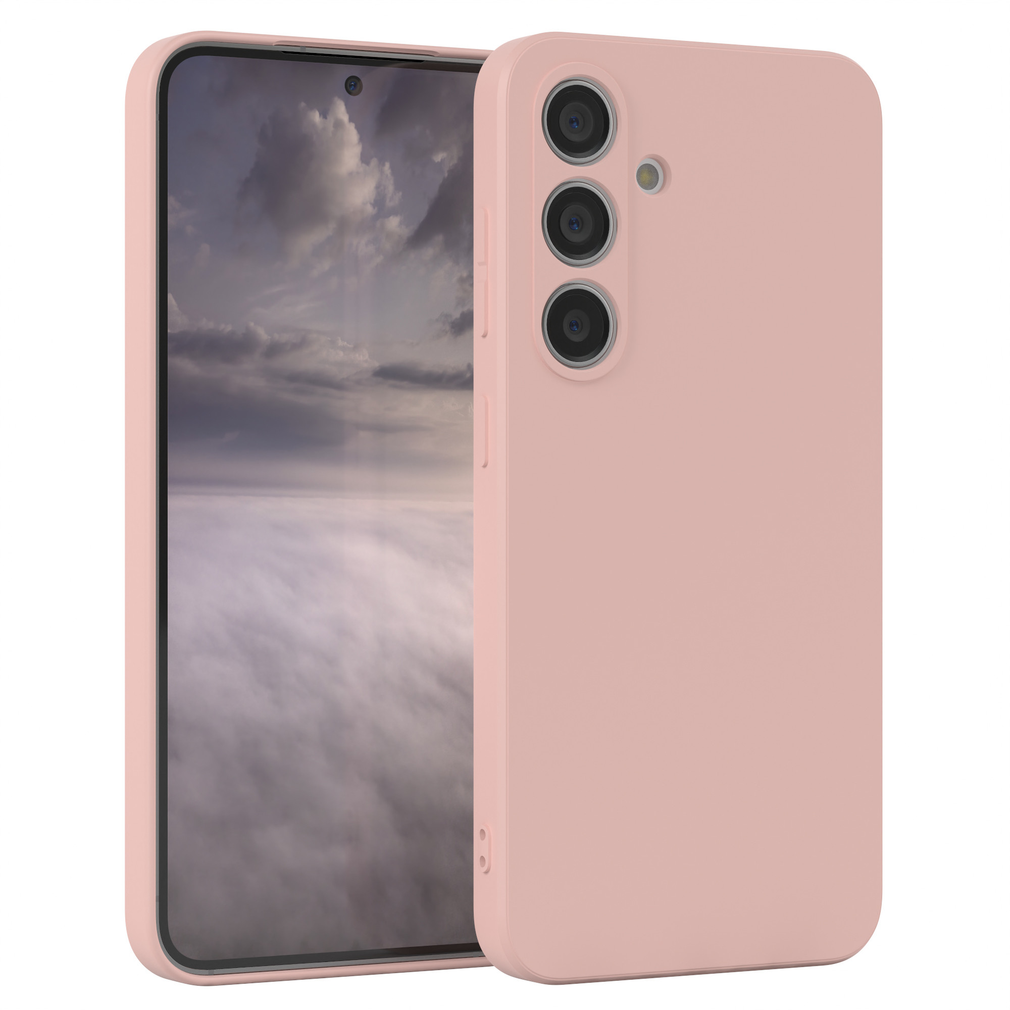 Rosa Smartphone mit Hülle. Das Telefon befindet sich in einer Hülle und der Bildschirm ist sichtbar.