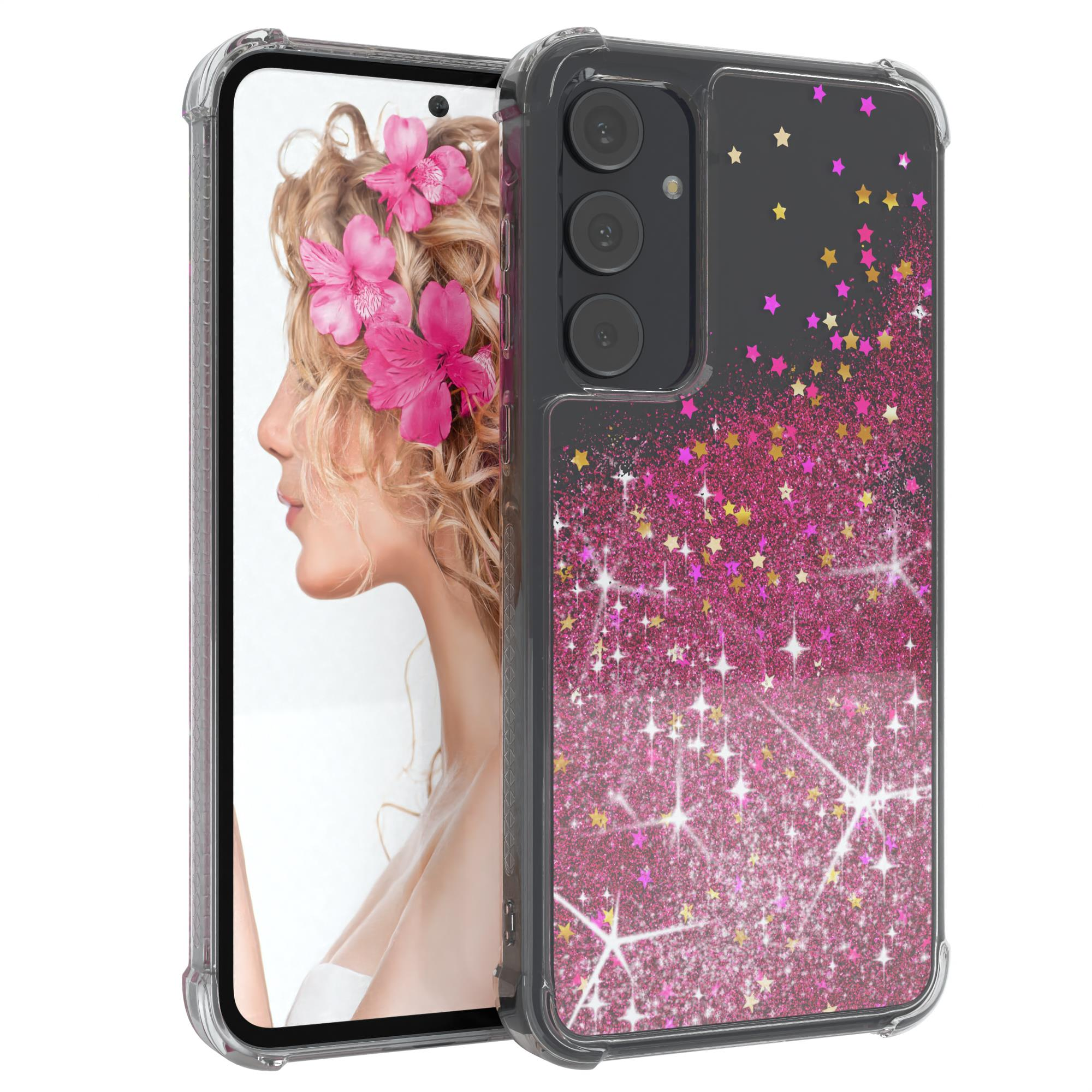 Handyhülle mit Gesicht einer Frau und rosa Glitzersternen. Das Telefon hat einen durchsichtigen Rahmen.
