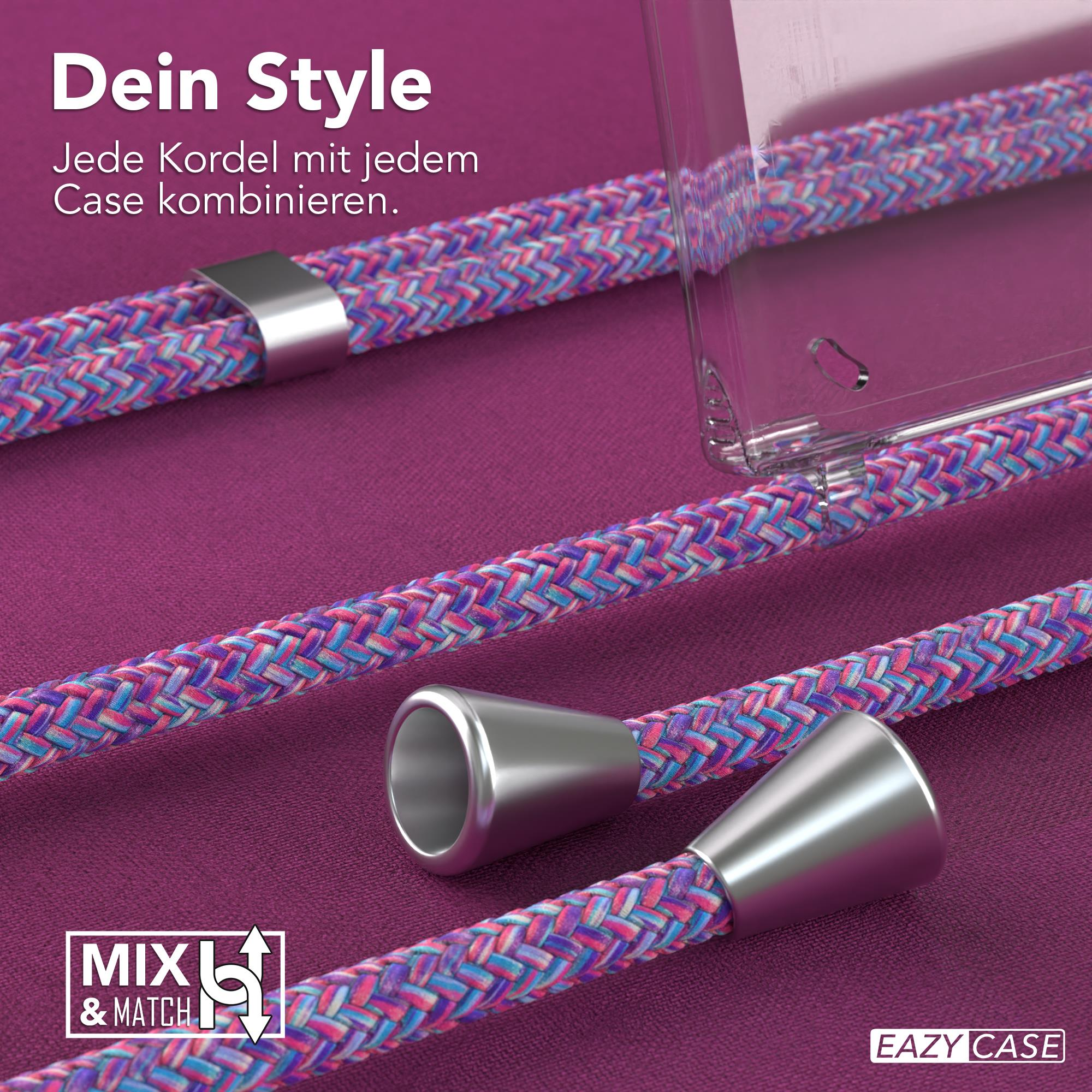 Nahaufnahme geflochtener Kordeln mit Metallenden. Lila und blaue Farben sind sichtbar. Der Text lautet 'Dein Style'.