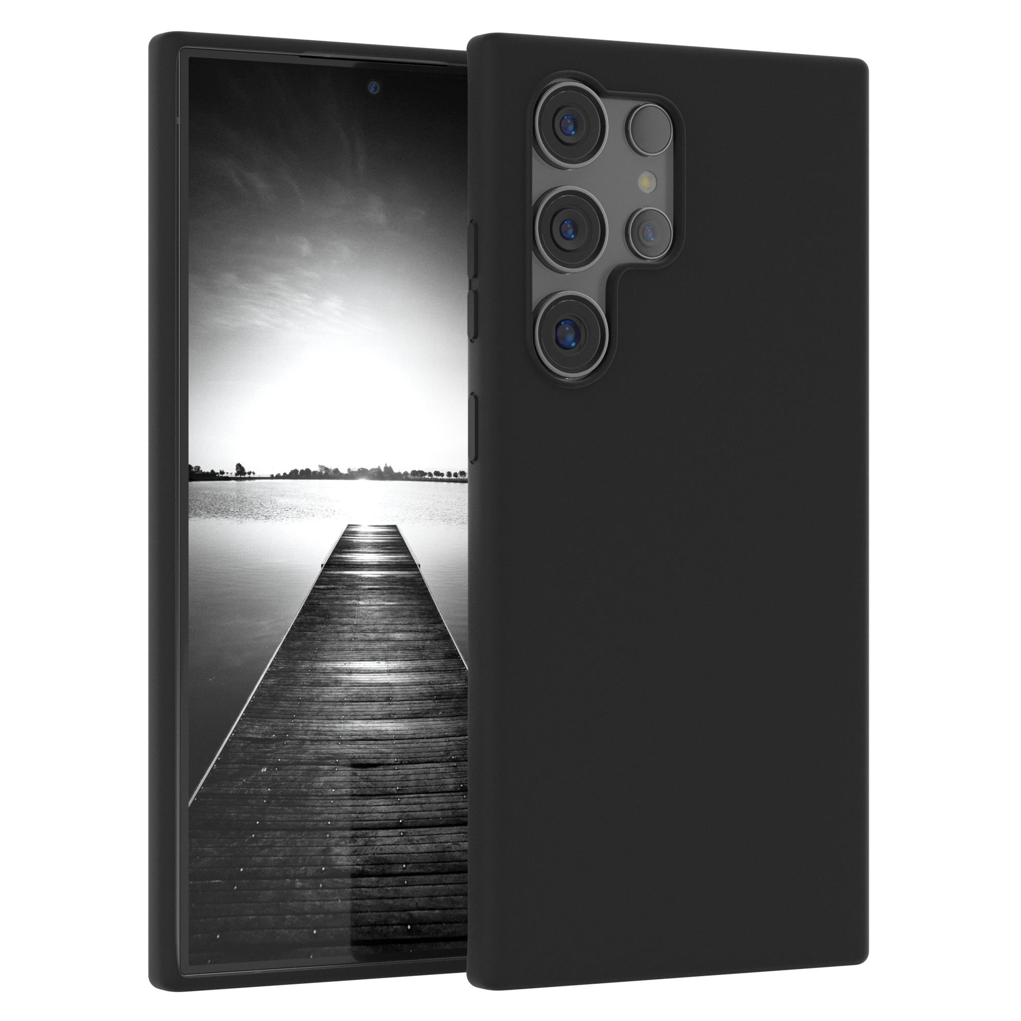Schwarzes Telefon mit schwarzer Hülle, See und Holzsteg auf dem Bildschirm sichtbar.