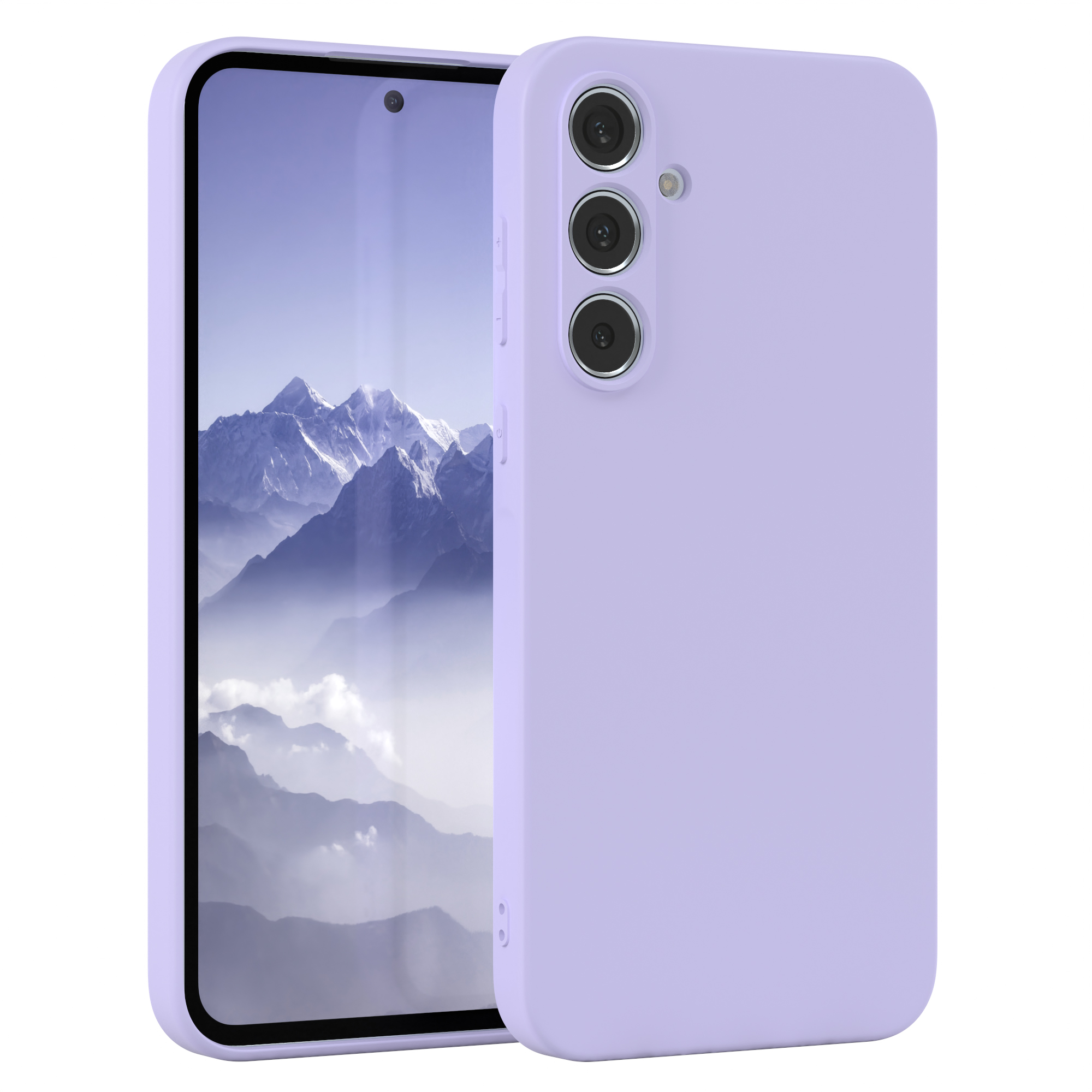 Eine lila Handyhülle auf einem Telefon. Das Telefon hat drei Kameralinsen auf der Rückseite. Weißer Hintergrund.