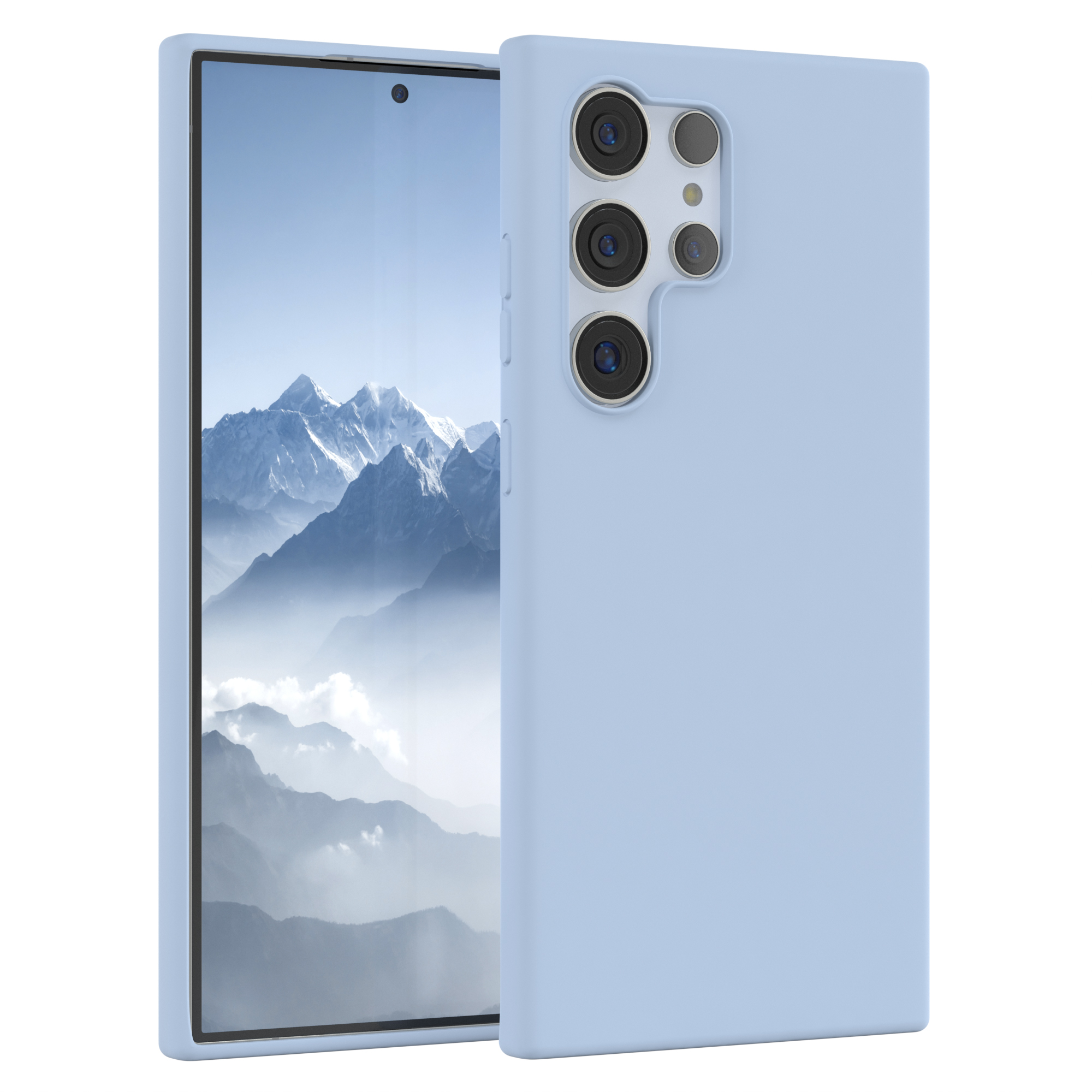 Hellblaue Handyhülle, geöffnet, um den Bildschirm zu zeigen. Das Telefon hat drei Kameras.