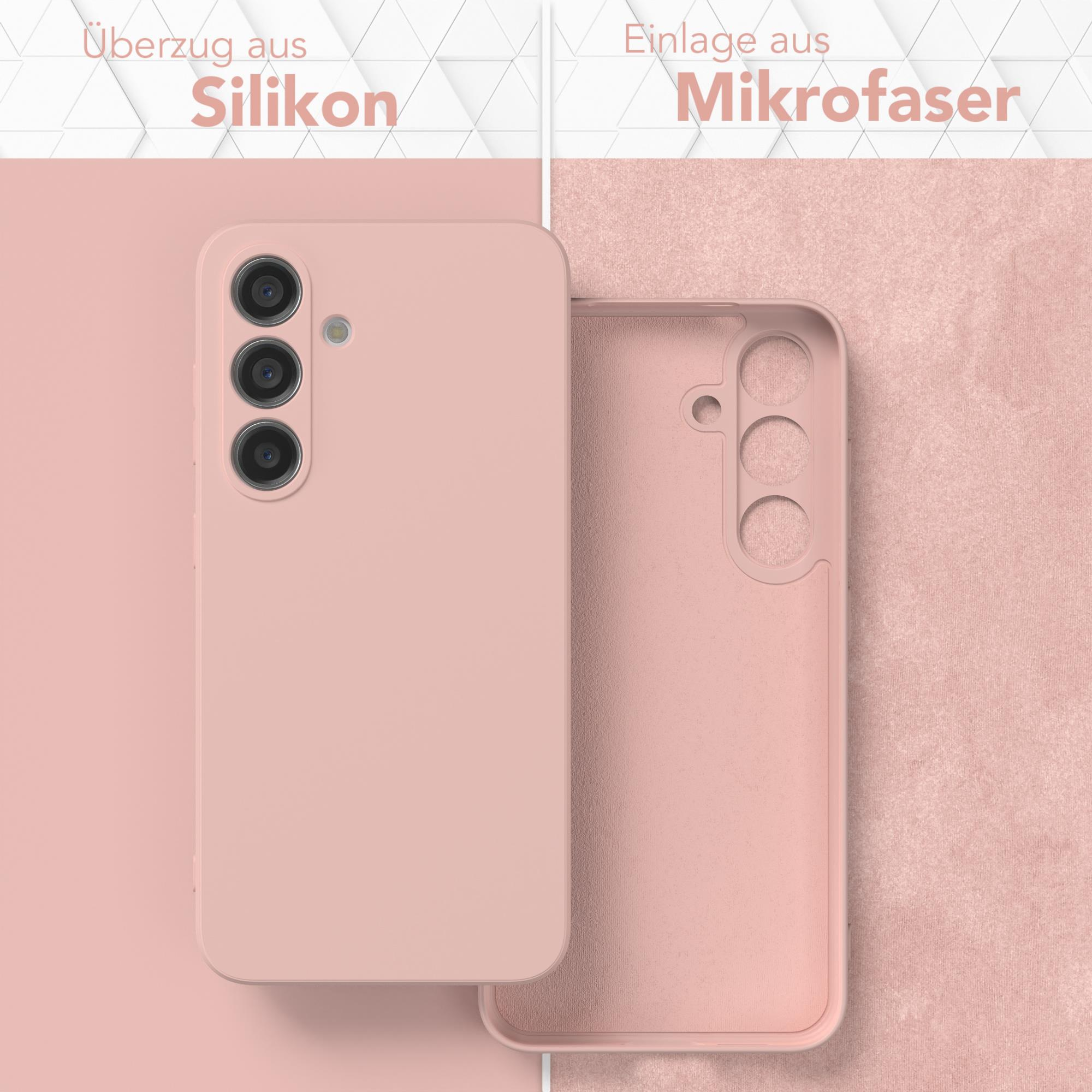 Eine rosa Handyhülle und ihr Mikrofaser-Innenraum, mit deutschen Textbezeichnungen.