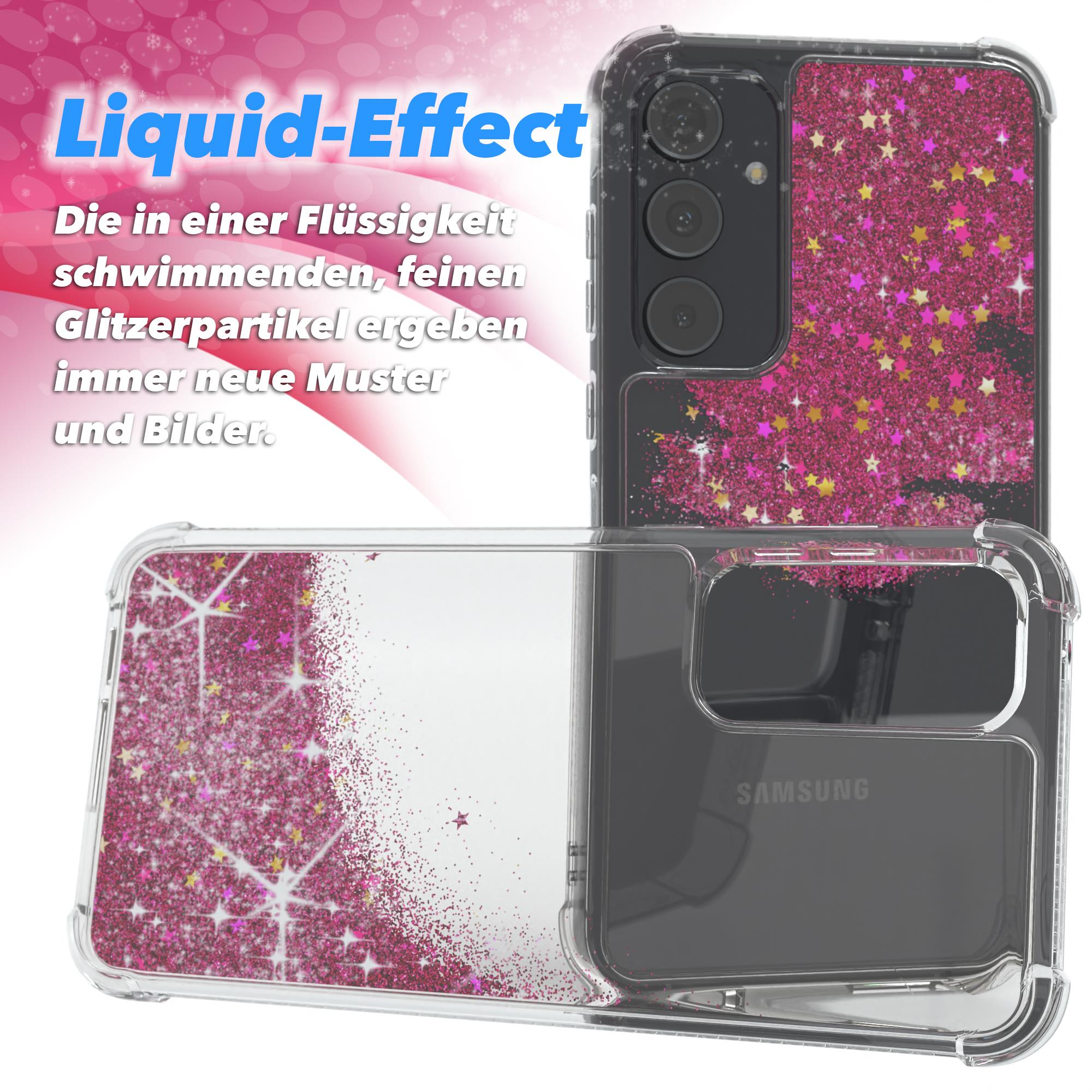 Eine Handyhülle mit Glitzer. Die Hülle ist geöffnet und gibt das Telefon frei.