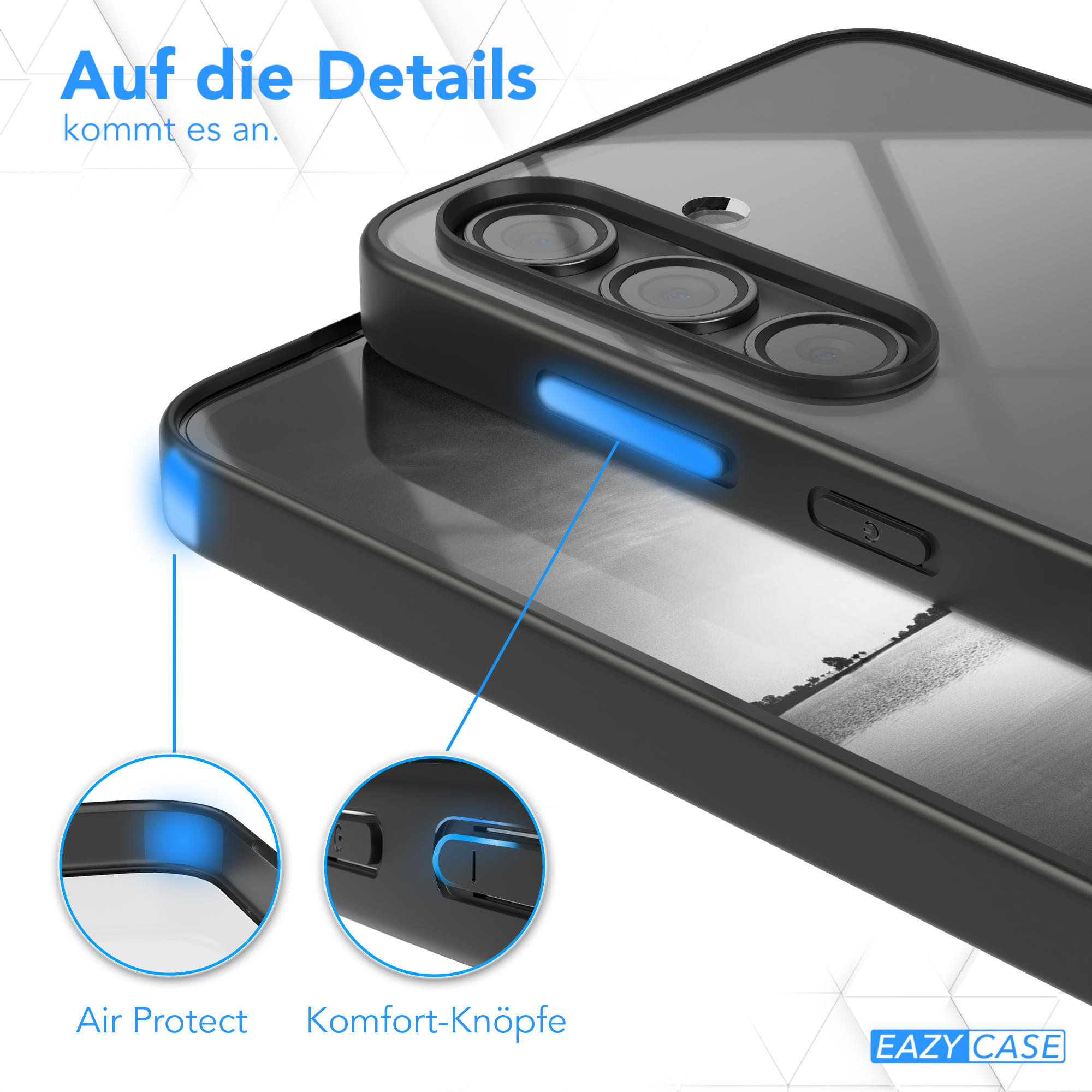 Nahaufnahme einer Handyhülle mit schwarzem Rahmen und blauen Lichtern. Zwei kreisförmige Details werden gezeigt.