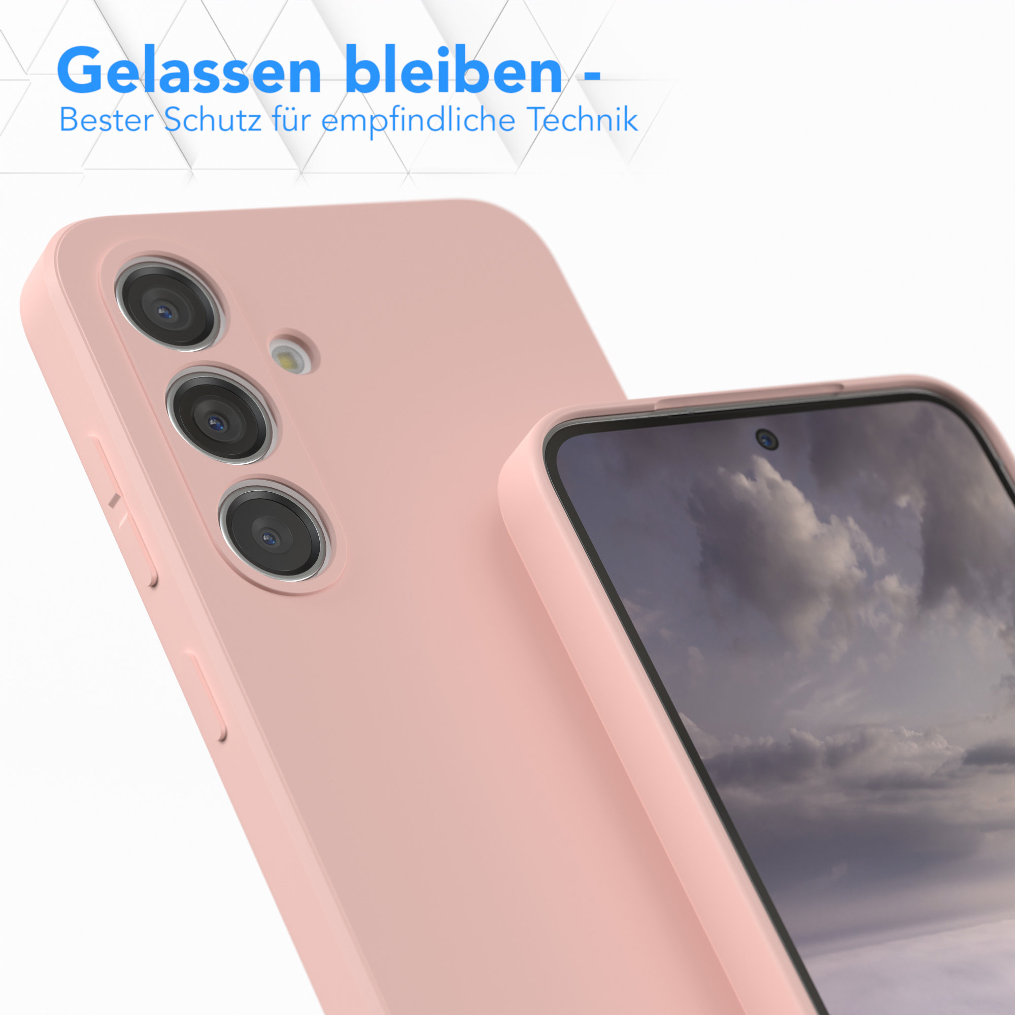 Zwei rosa Handyhüllen auf hellem Hintergrund. Eine zeigt die Kamera des Telefons.