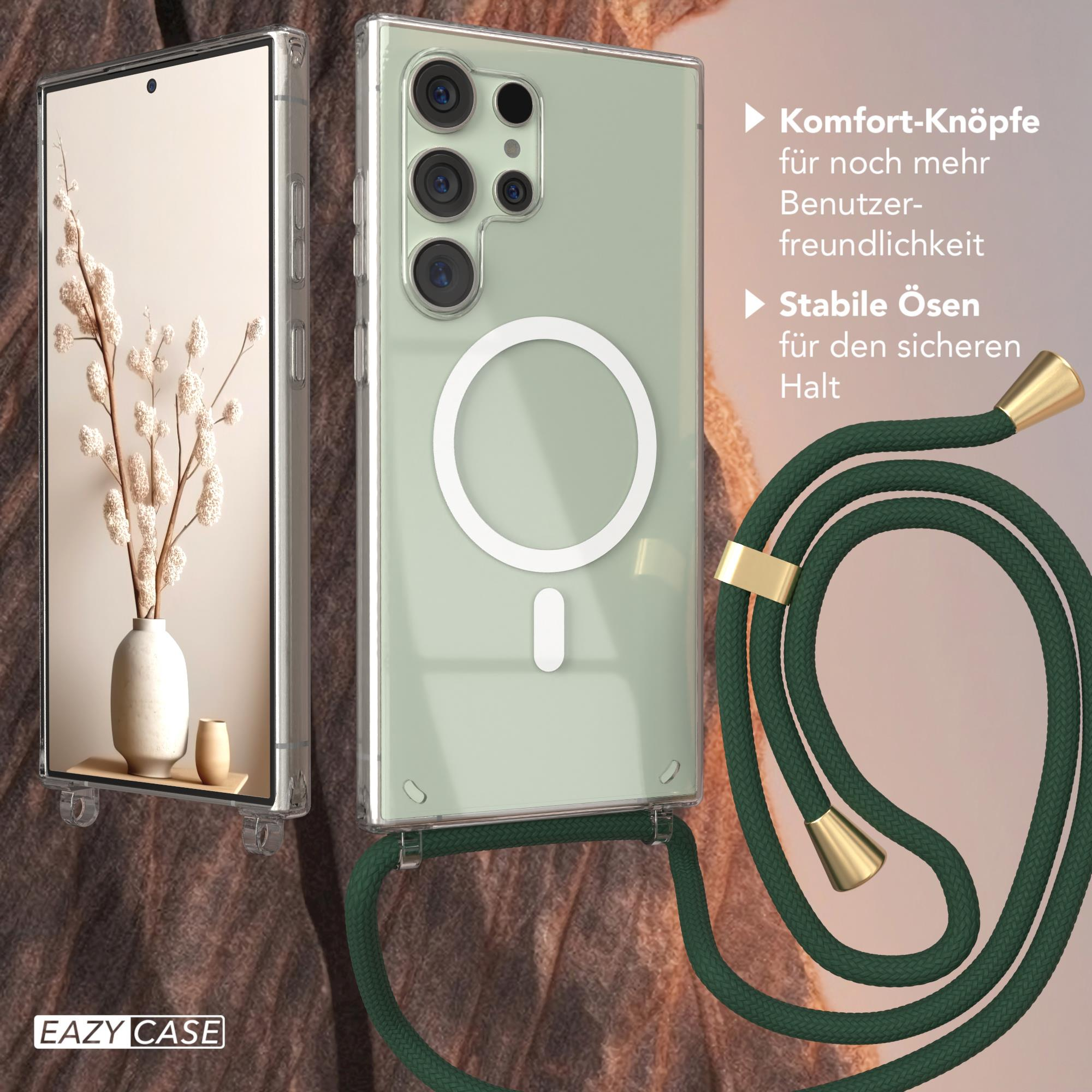 Handyhülle mit grünem Riemen. Text rechts: 'Komfortknöpfe' und 'Stabile Ösen'.