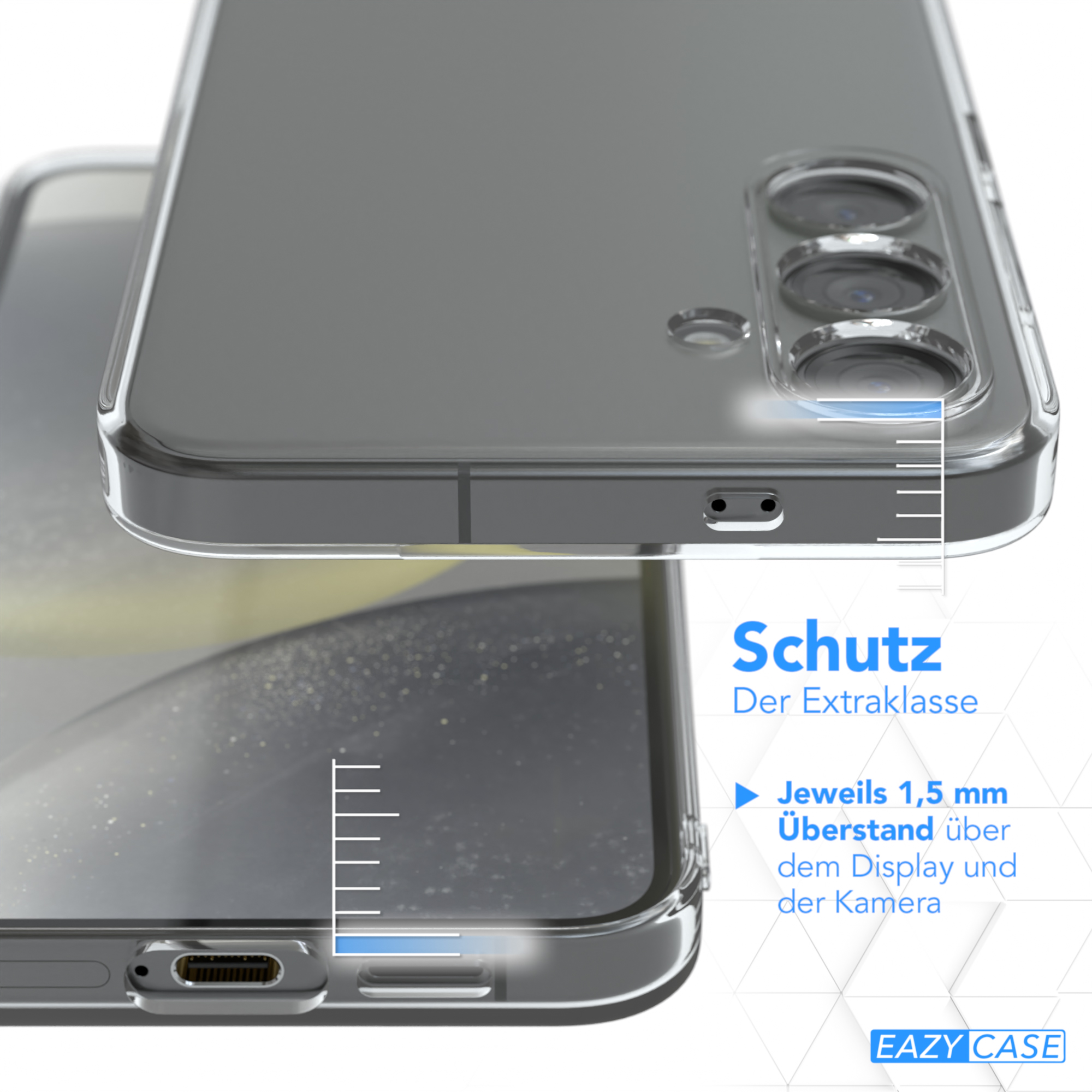 Transparente Handyhülle auf einem Telefon. Zeigt die schützenden Kanten und Maße.