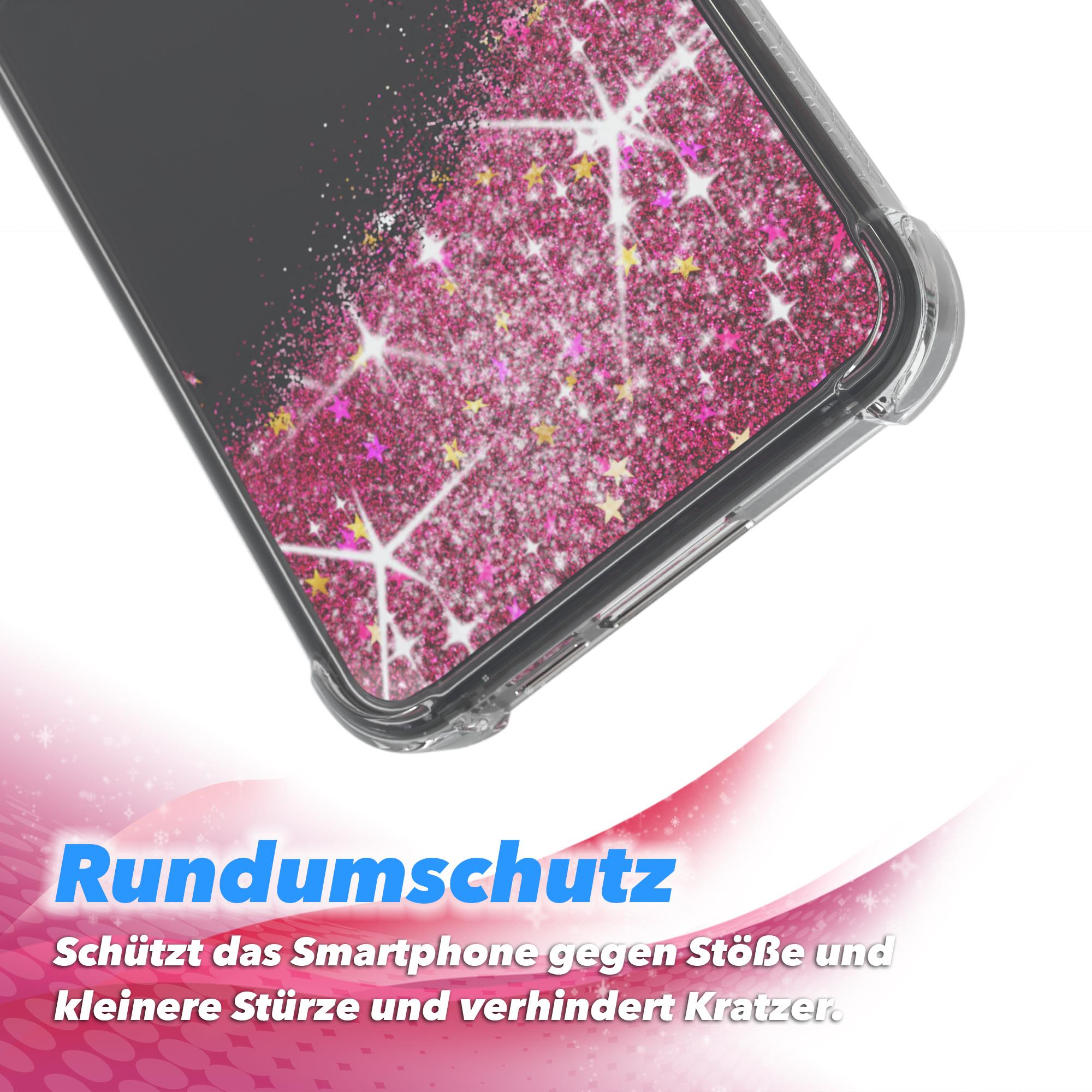Eine Handyhülle mit pinkem Glitzerdesign. Der Text lautet „Rundumschutz“, was Schutz bedeutet.