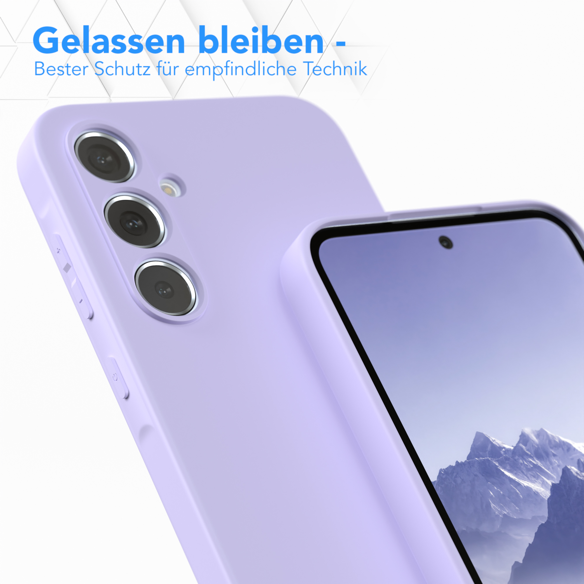 Nahaufnahme einer lila Handyhülle mit Telefon, zeigt das Kamera-Layout.