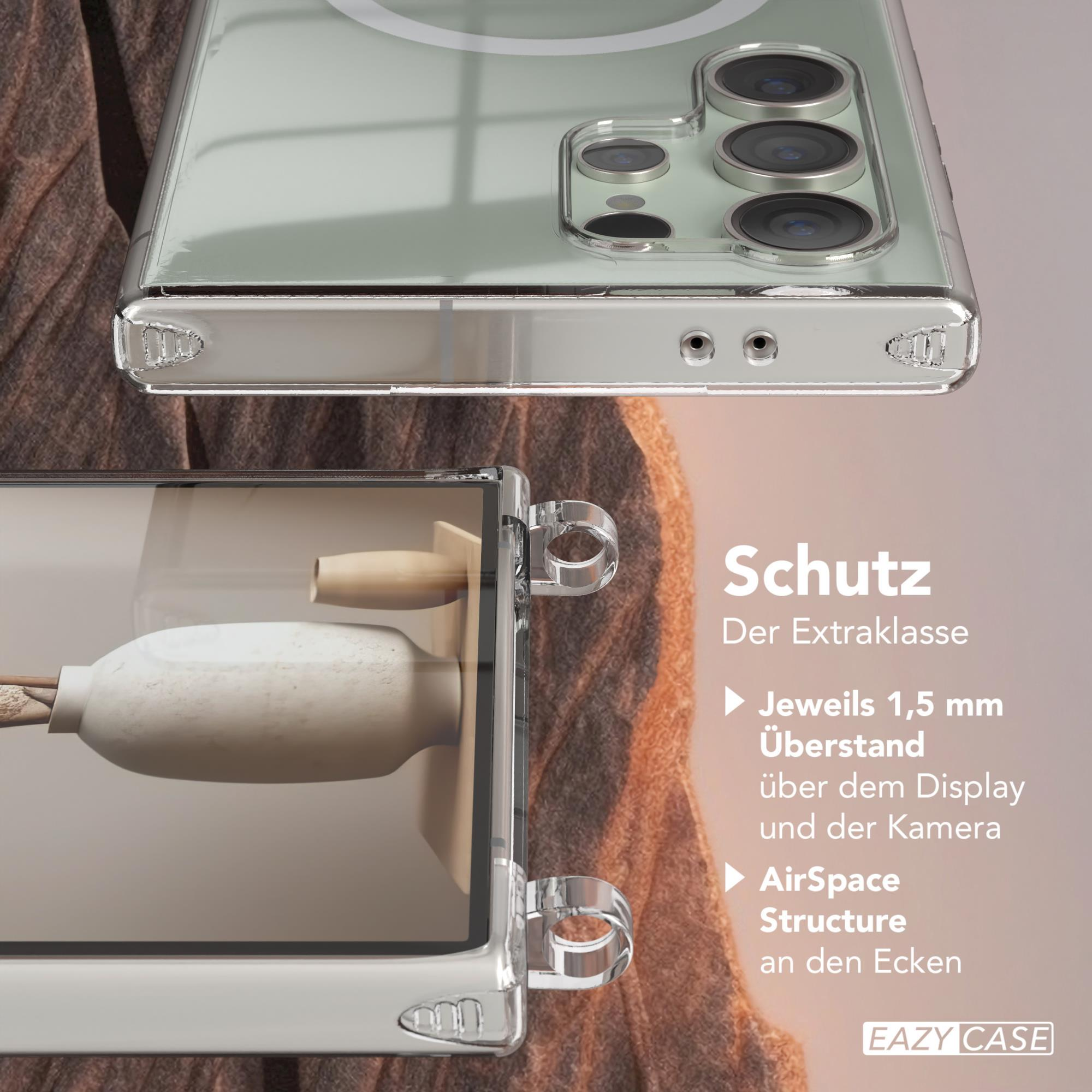 Telefon mit transparenter Hülle. Draufsicht und Detailansicht des Hüllendesigns. Weißer HG.