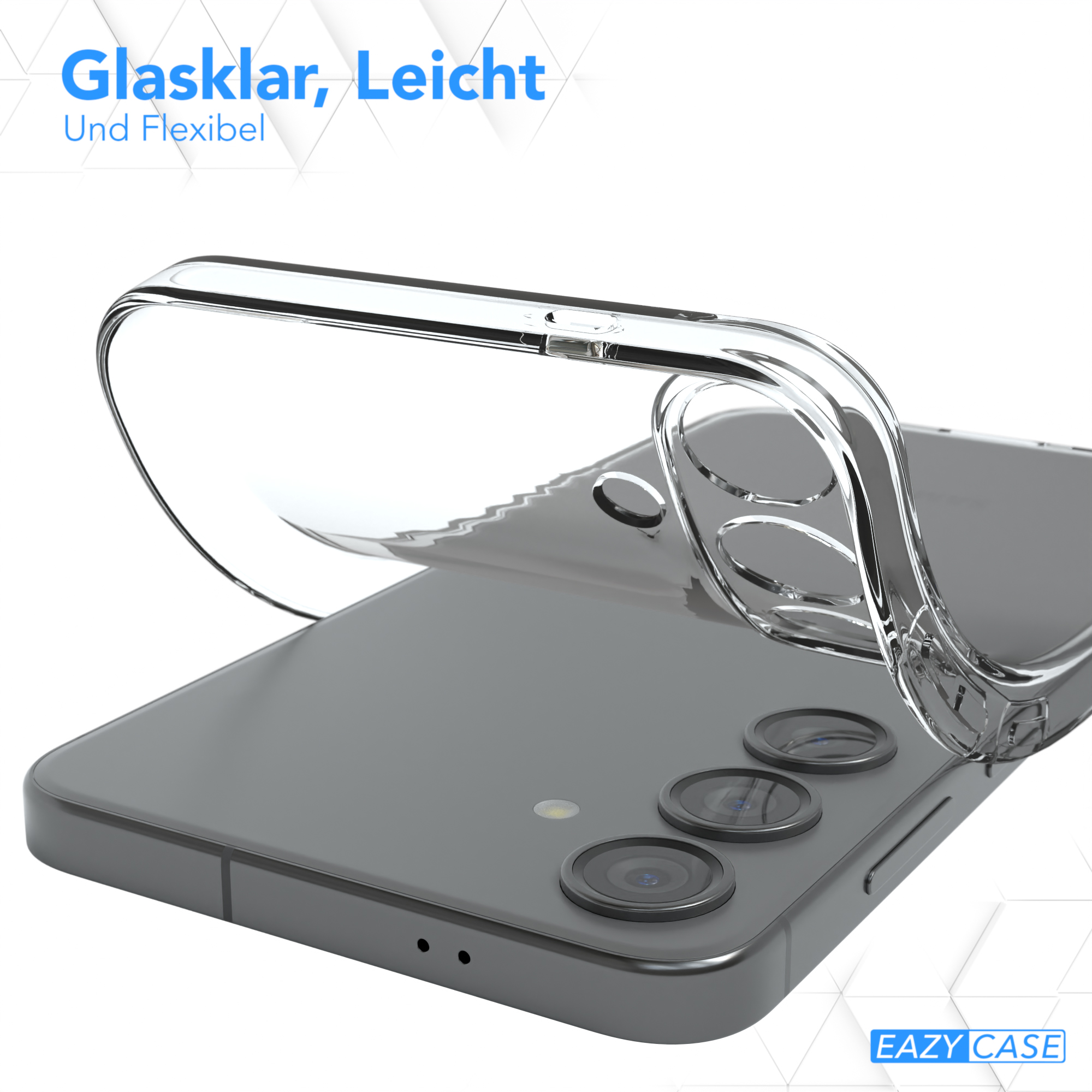 Transparente Handyhülle auf einem Telefon; Text: 'Glaslar, Leicht Und Flexibel'.