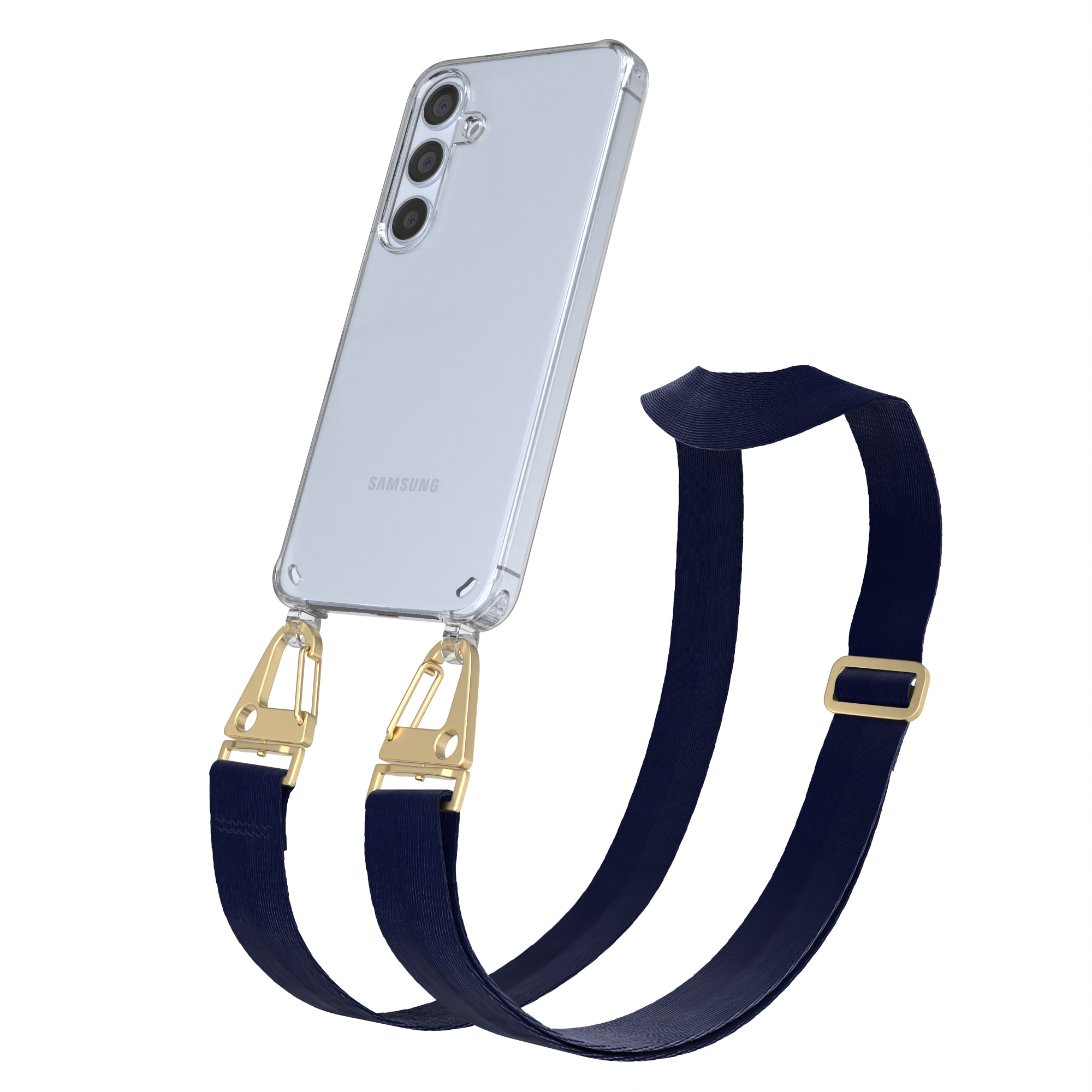 Transparente Handyhülle mit goldenen Akzenten und blauem Riemen. Telefon im Case.