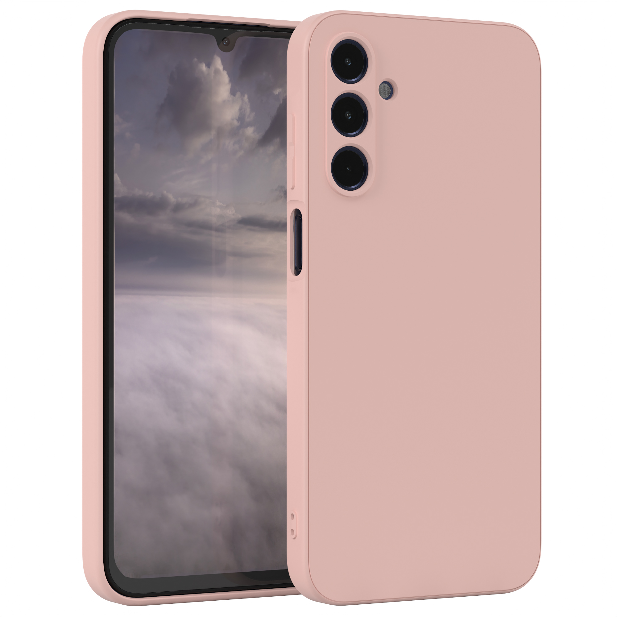 Rosa Telefon mit drei Kameras und einem rosa Gehäuse. Weißer Hintergrund. Teilweise sichtbar.