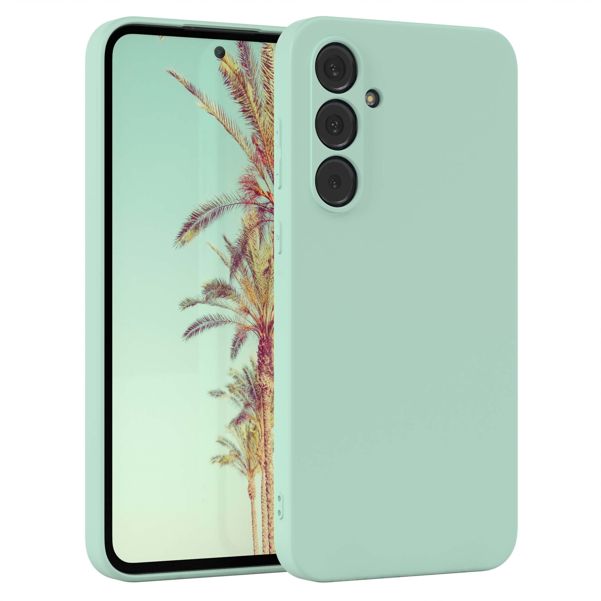 Telefon mit Hülle. Das Telefon ist mintgrün. Der Hintergrund zeigt eine Landschaft mit Palmen.