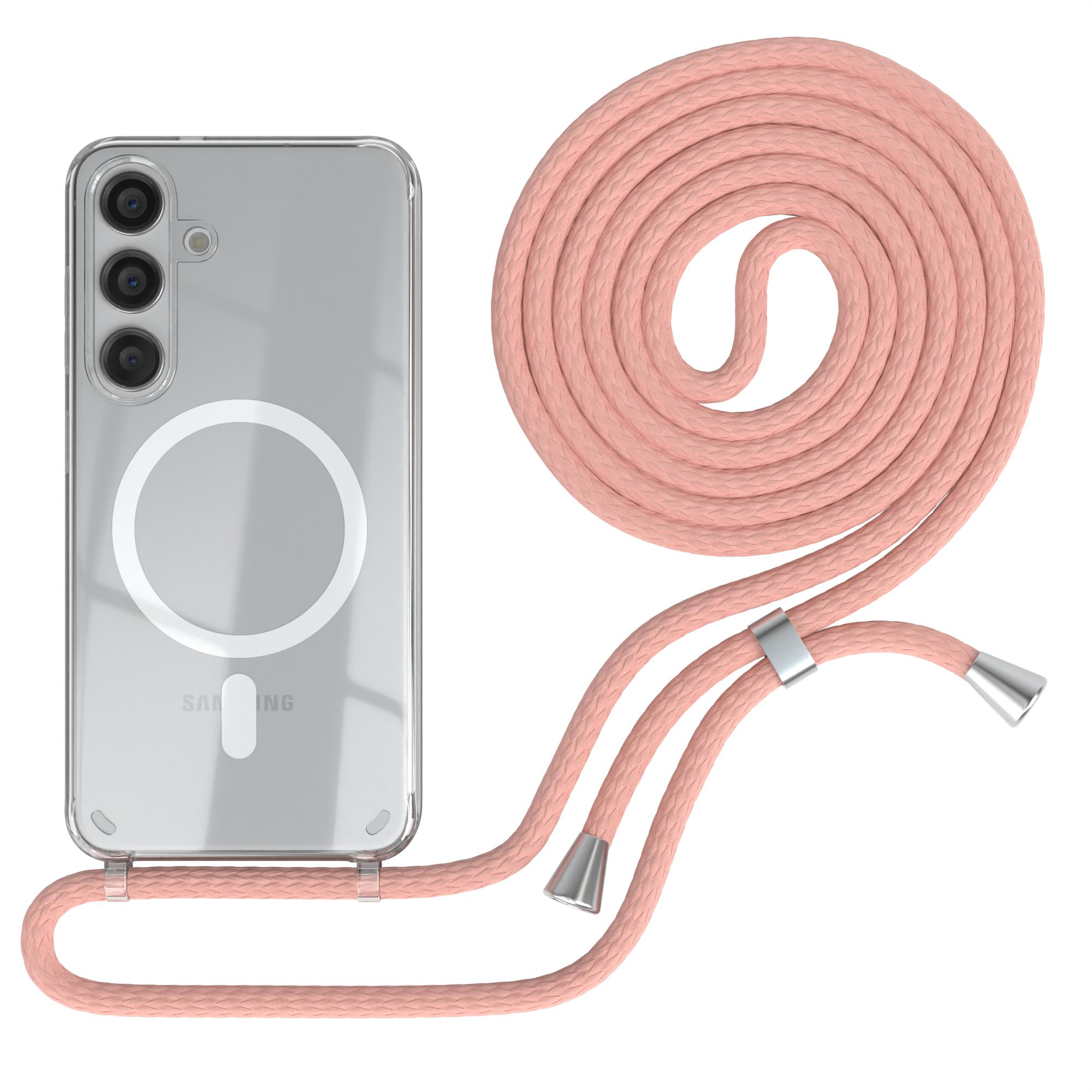 Transparente Handyhülle mit pinkfarbenem Band. Das Telefon hat eine klare Rückseite und drei Kameras.