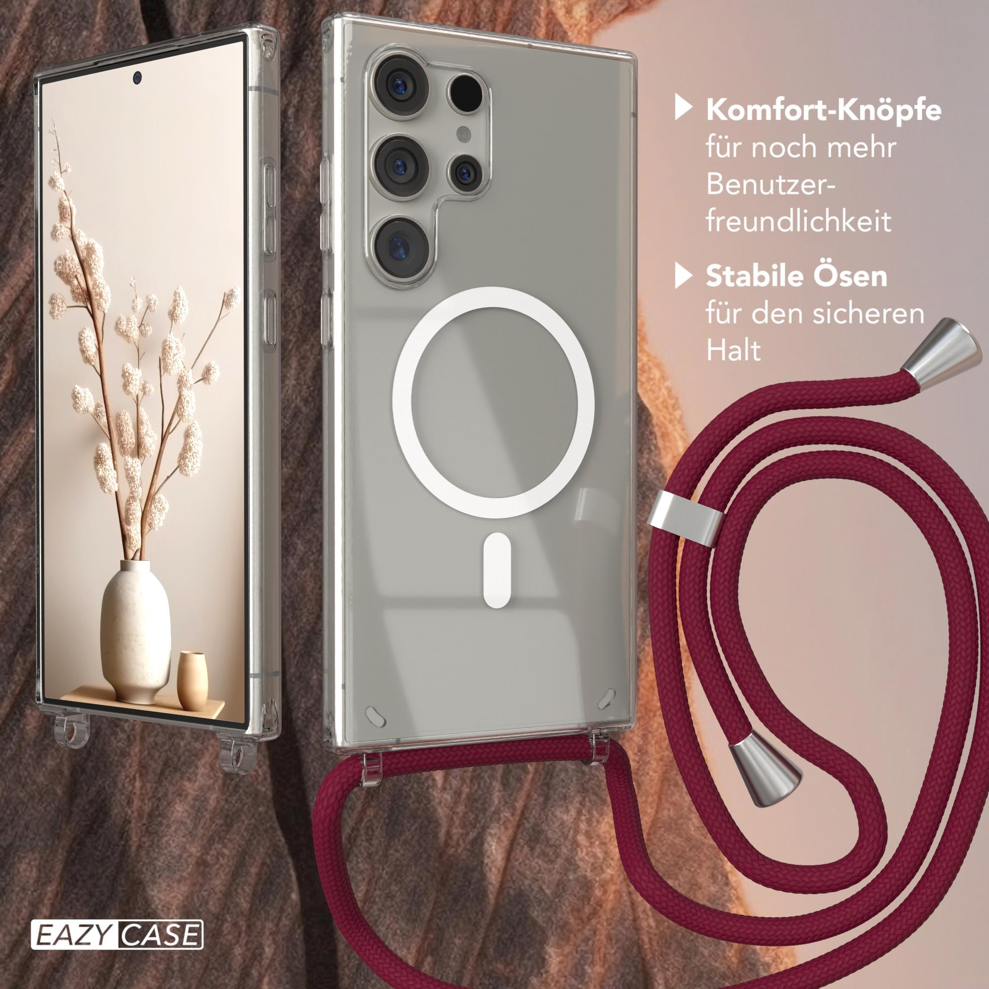 Handyhülle mit Telefon und Lanyard, Text über Komfort und Halt.