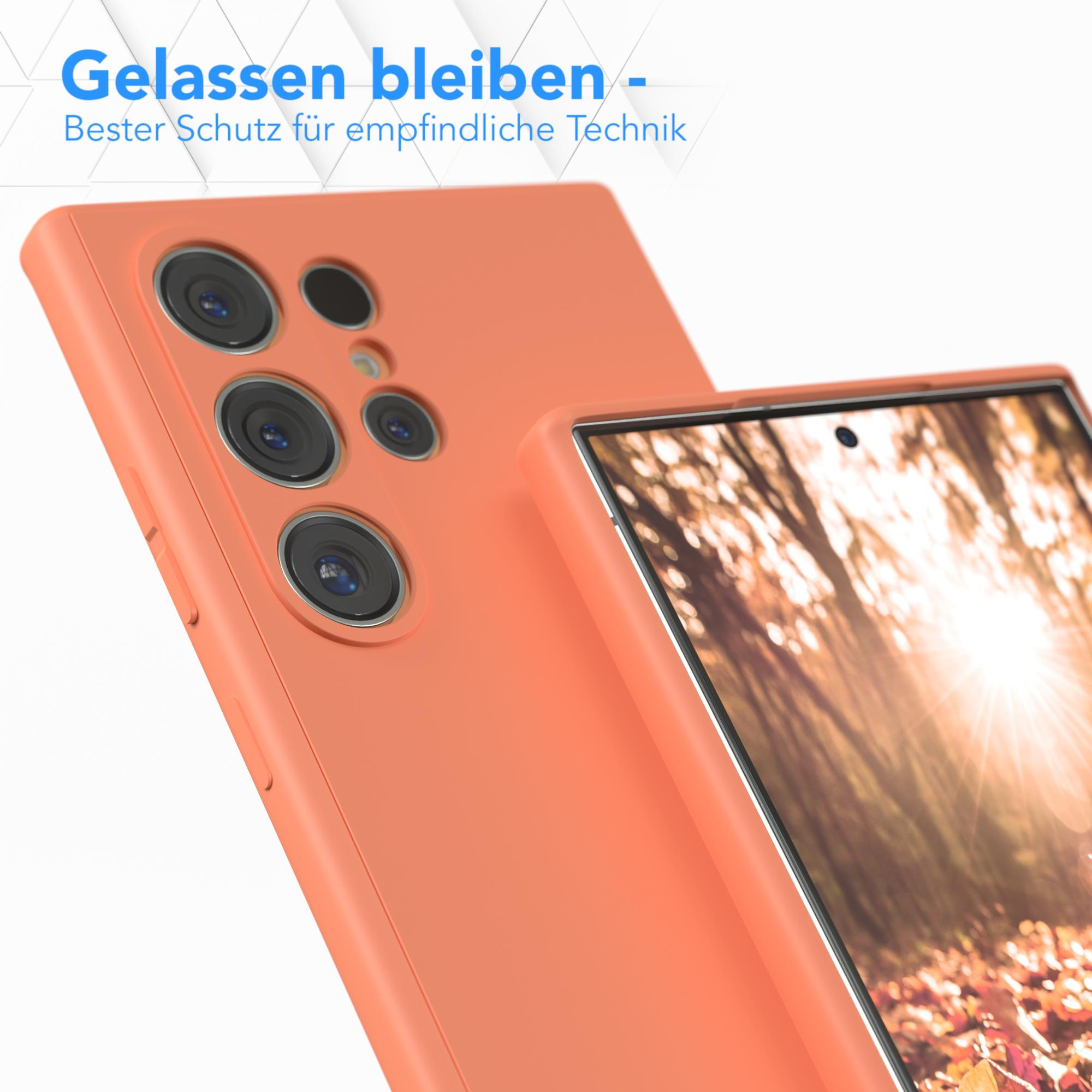 Orangefarbene Handyhülle, Telefon innen. Text: 'Entspannt bleiben - bester Schutz'.