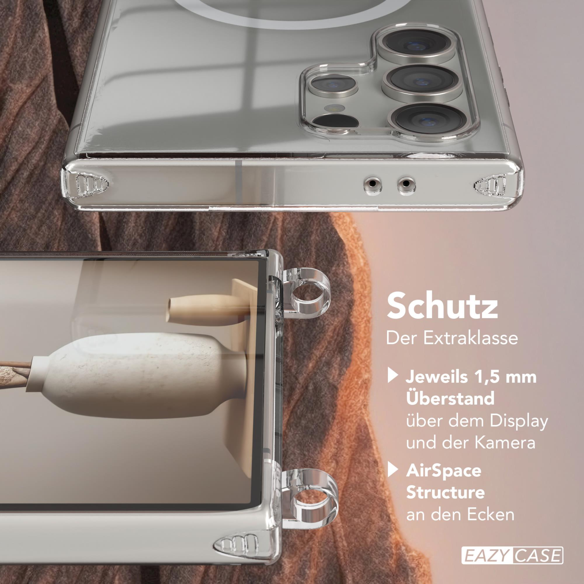 Nahaufnahme einer Handyhülle und eines Telefons. Die Hülle ist transparent, das Telefon ist sichtbar. Weißer Hintergrund.