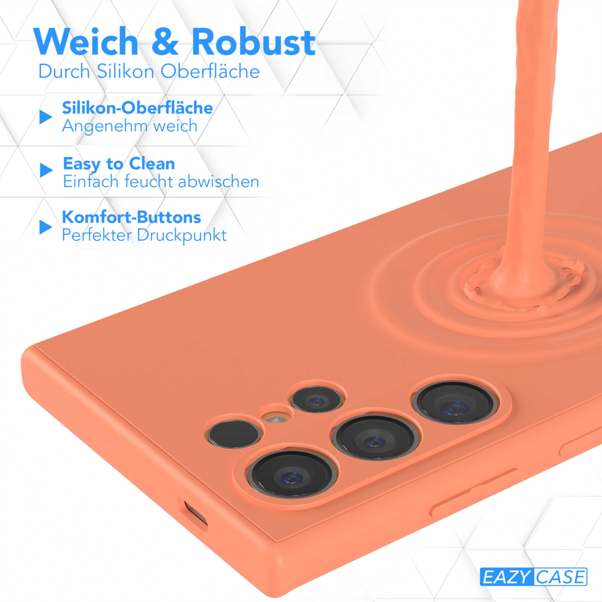 Orangene Handyhülle mit Text: 'Weich & Robust', Silikonoberfläche. Flüssigkeit gießt auf die Oberfläche.