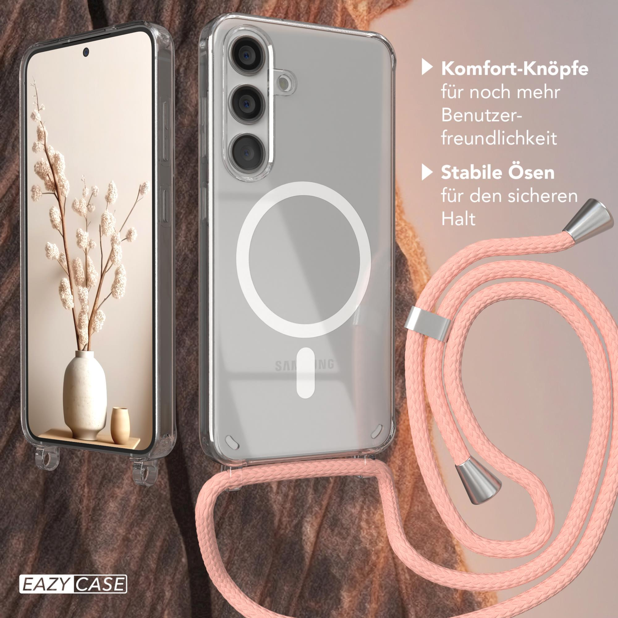 Transparente Handyhülle mit Handy und pinkfarbenem Band. Weißer Hintergrund, Text auf Deutsch.
