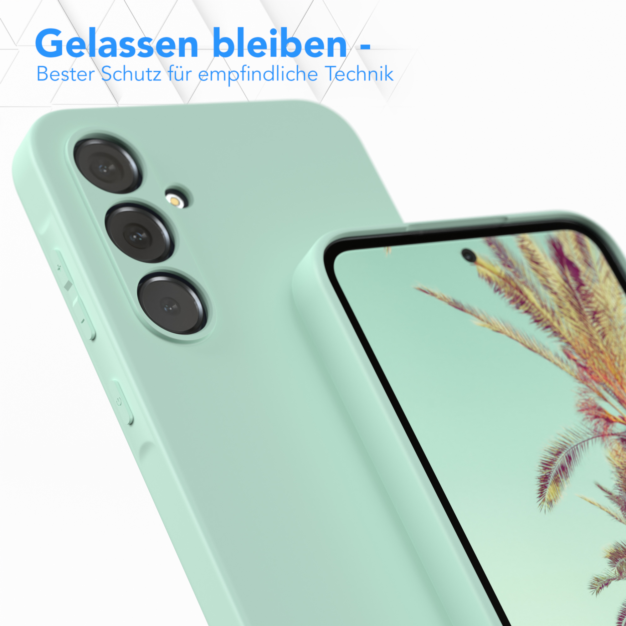 Minzgrüne Handyhülle mit Telefon darin. Der Bildschirm zeigt ein Bild.