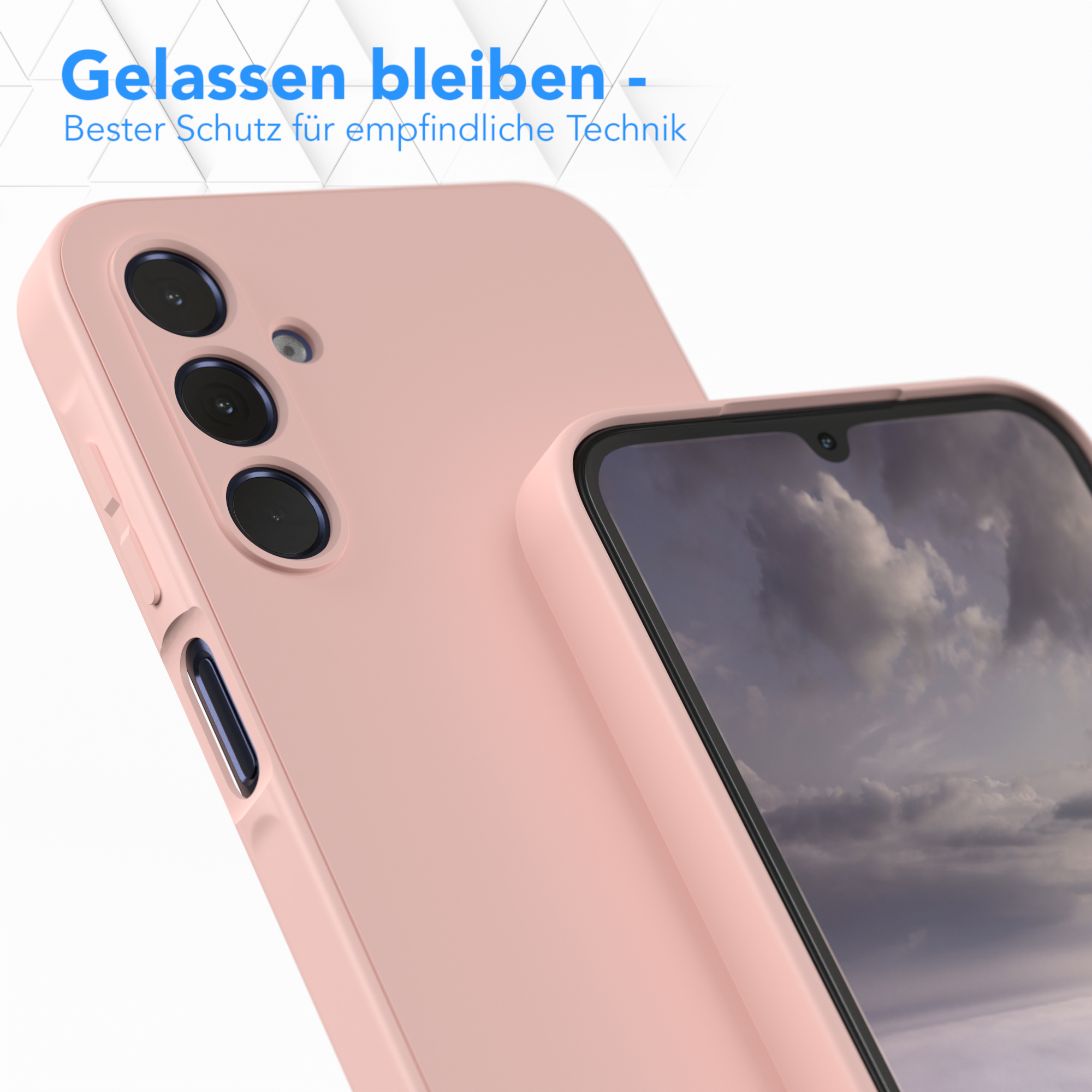Rosa Handyhülle und Telefon mit Kamera auf hellem Hintergrund.