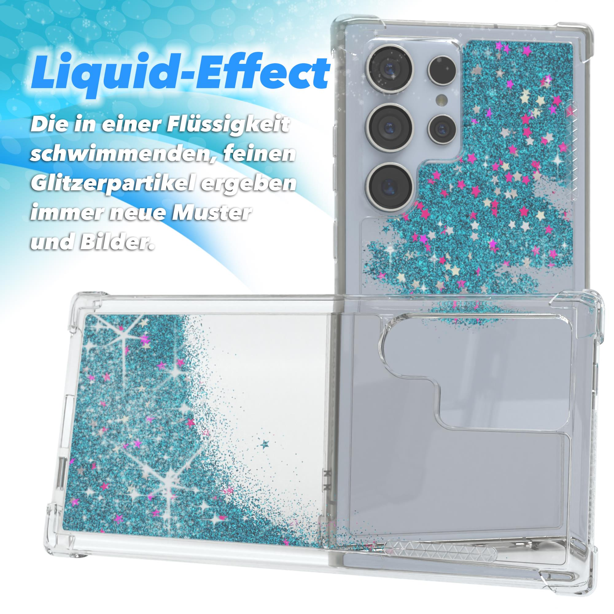 Transparente Handyhülle mit Flüssigkeit und Glitzerpartikeln, weißer Hintergrund.