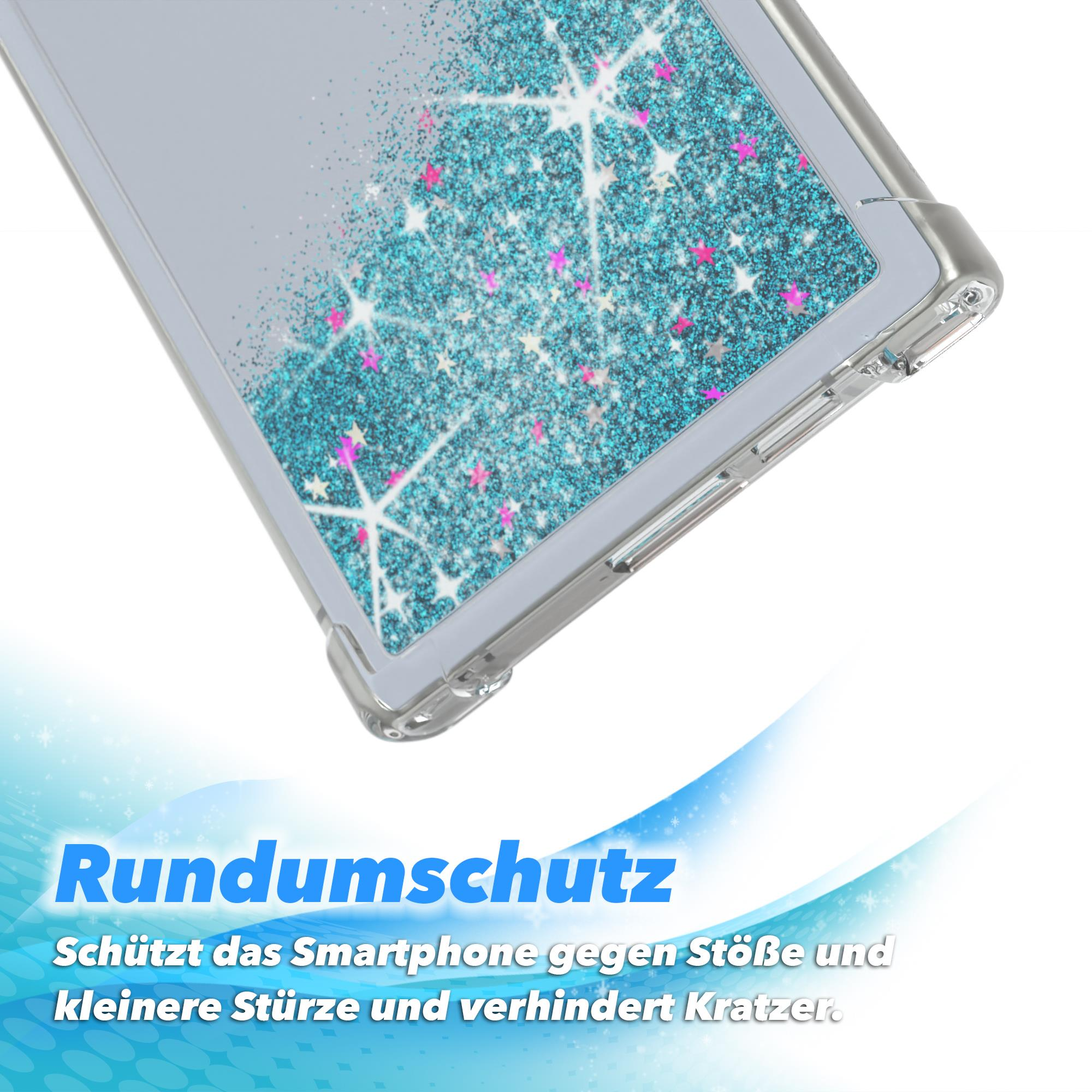 Transparente Handyhülle mit blauem Glitzer und rosa Sternen. Text: Rundumschutz gegen Stöße und Kratzer.