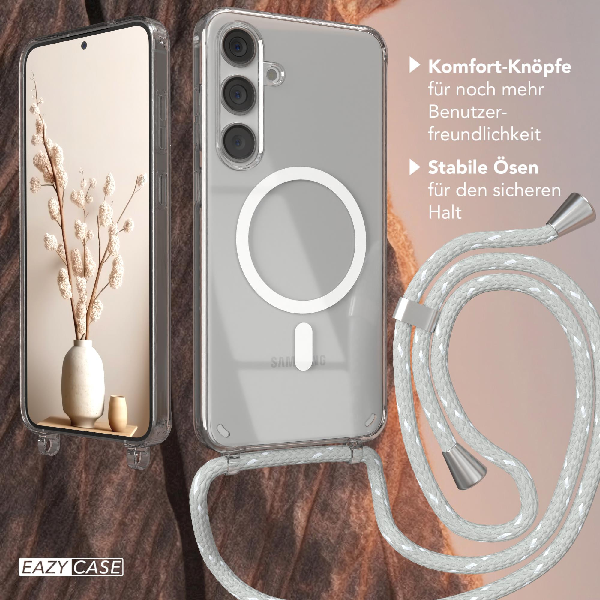 Transparente Handyhülle mit Umhängeband. Zwei Hüllen, eine mit einer Vase.