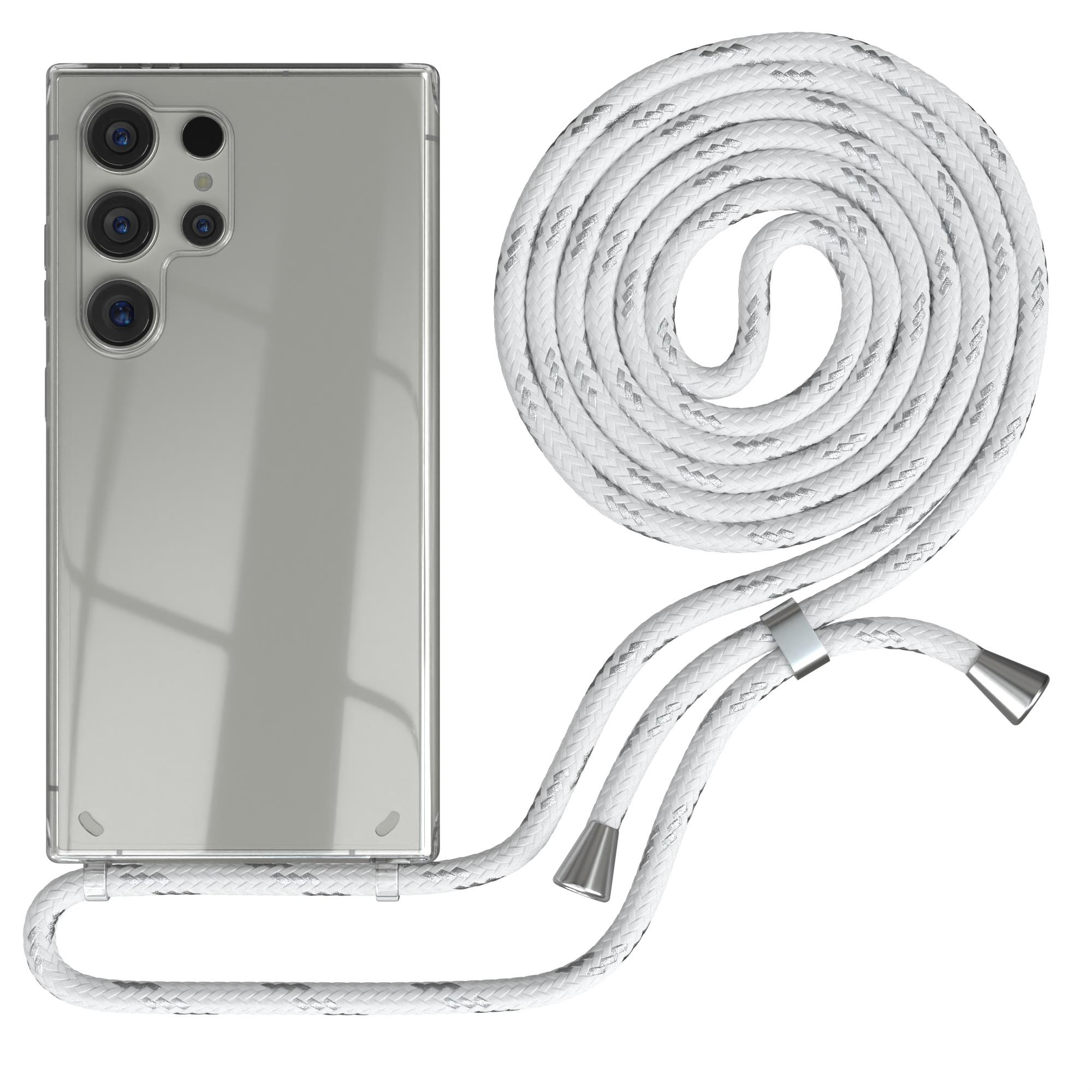 Silbernes Telefon mit weißem, gewebtem Seil-Handyband. Ein modernes Design.