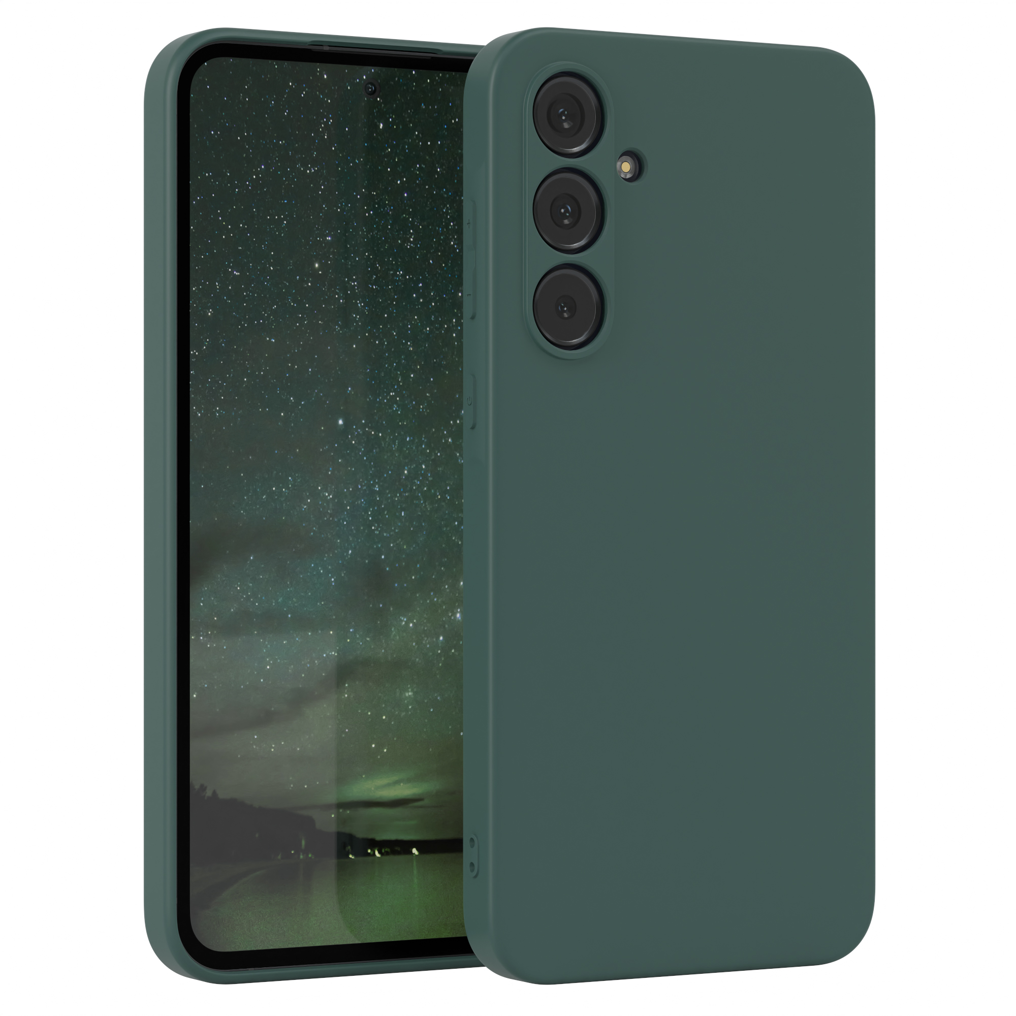 Eine grüne Handyhülle mit einem Telefon, das einen Nachthimmel anzeigt.