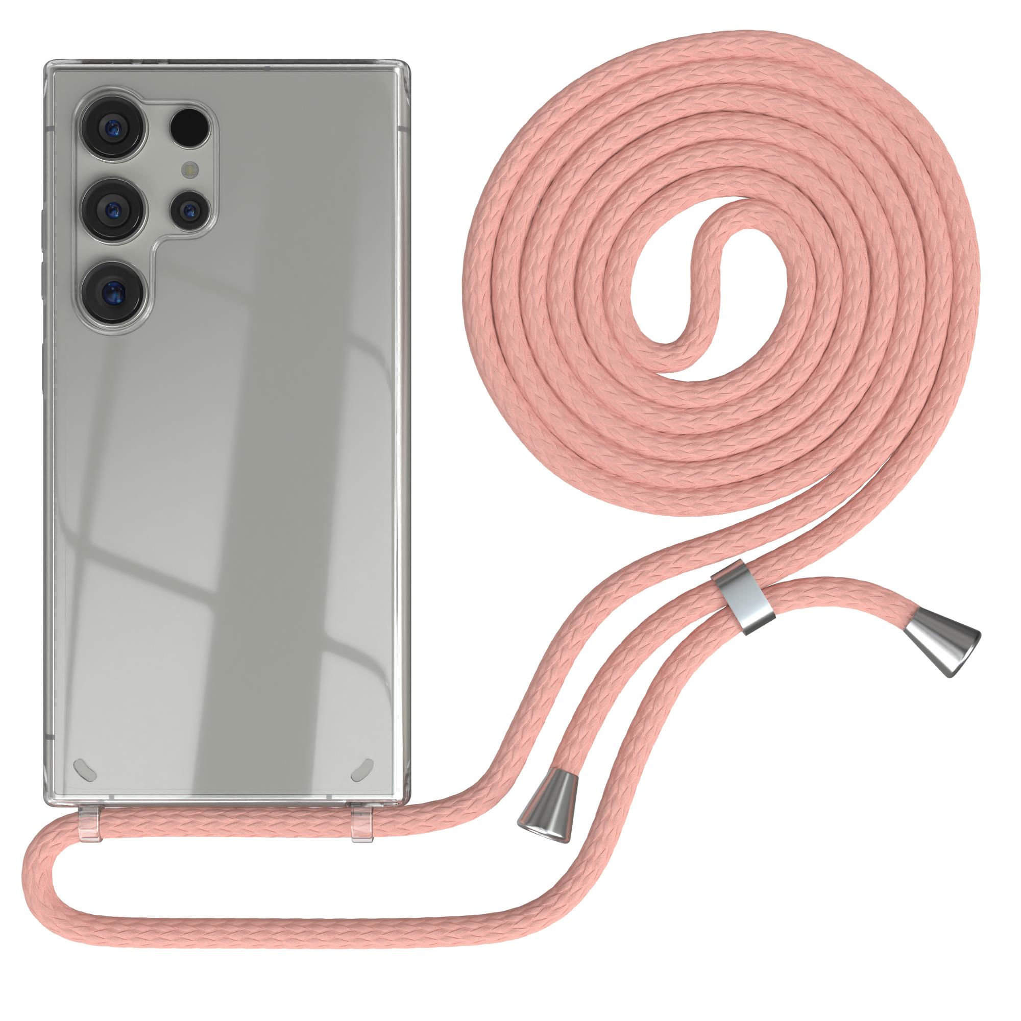Eine transparente Handyhülle mit rosa Seil. Das Telefon hat drei Kameras und einen Silberrahmen.