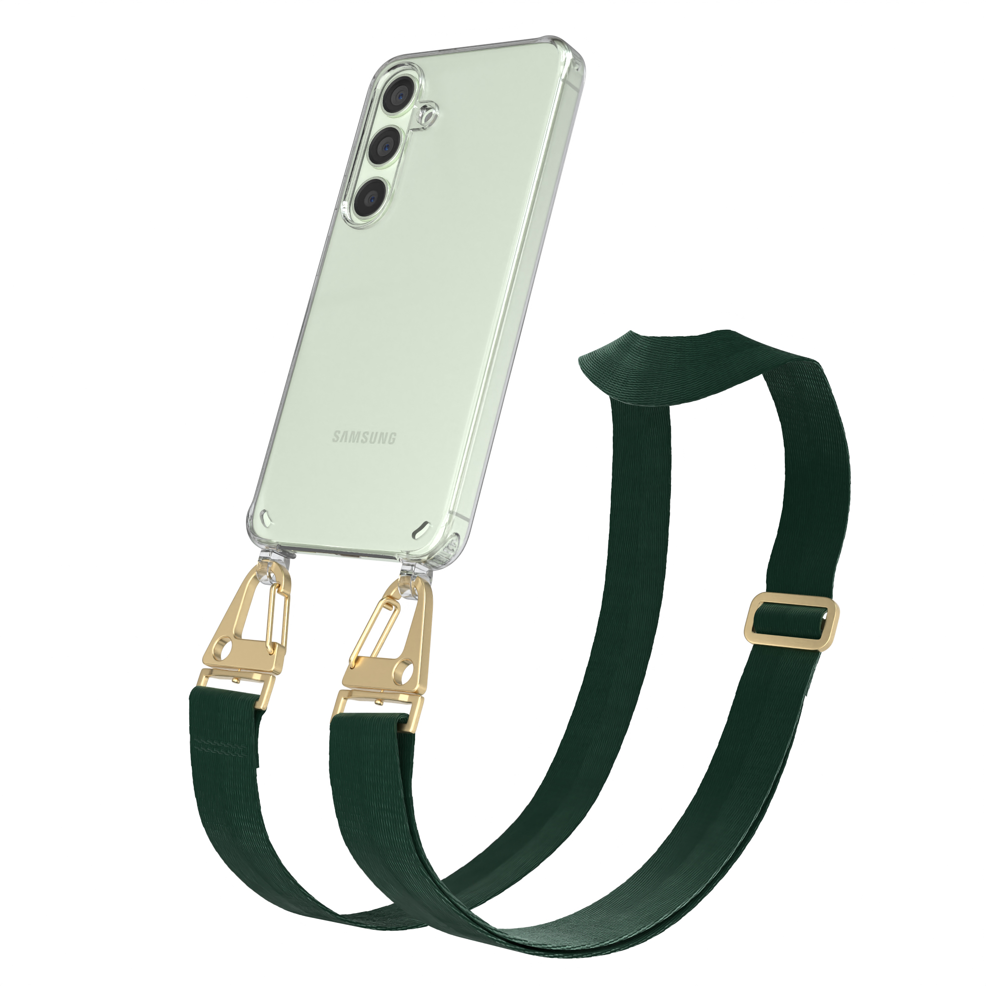 Transparente Handyhülle mit grünen Riemen, Telefon geneigt. Das Telefon ist in der Hülle.