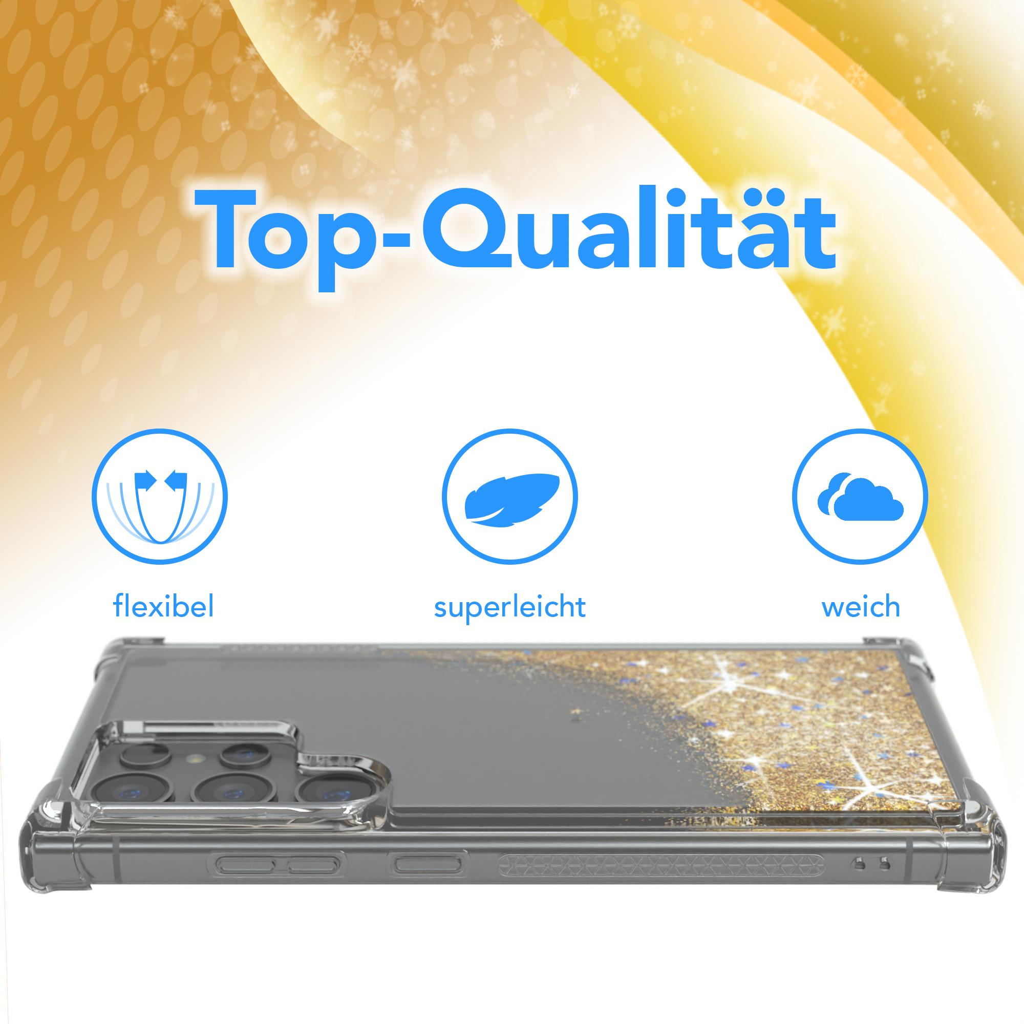 Transparente Handyhülle mit goldenem Glitzer, zeigt die Rückseite eines Telefons.