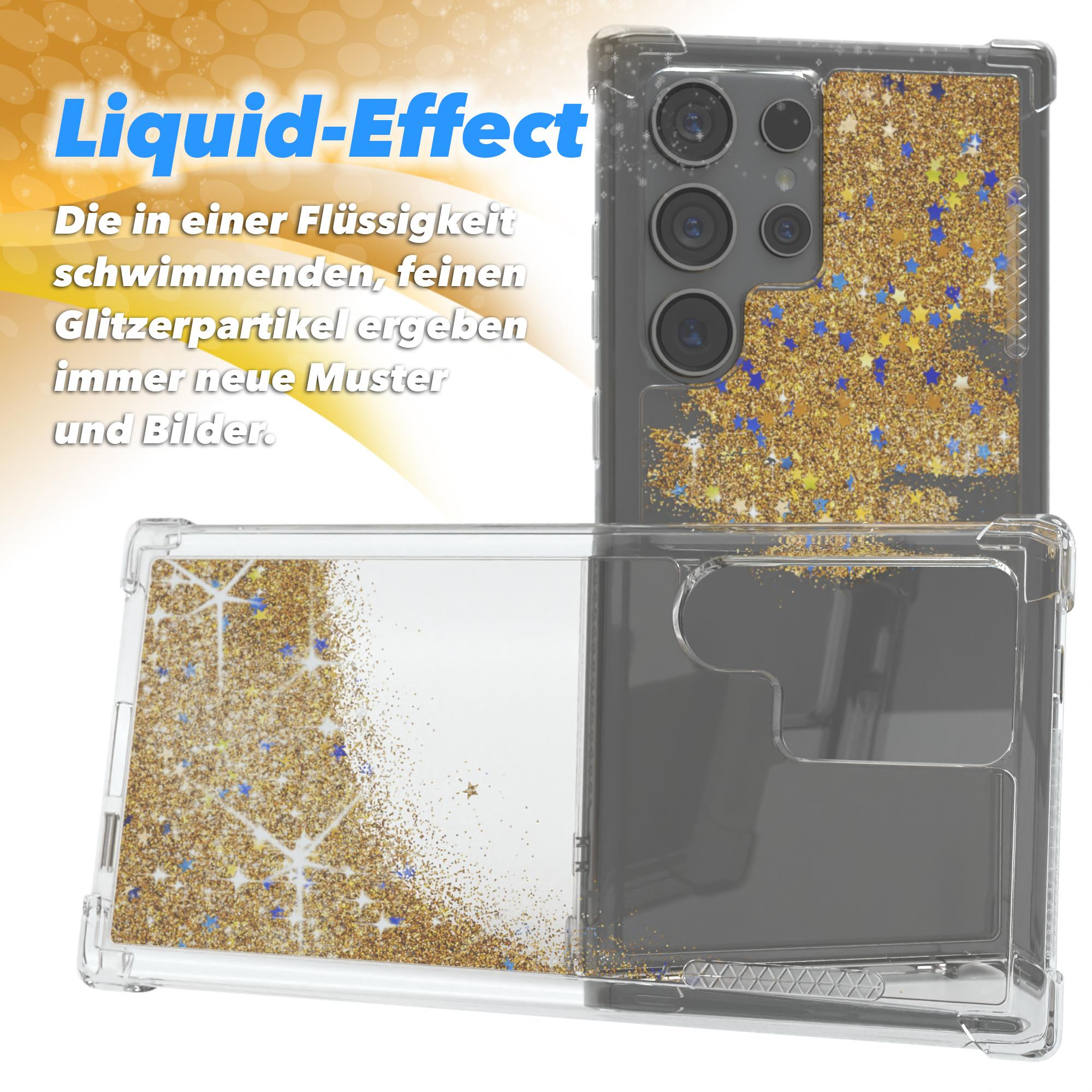 Handyhülle mit Glitzereffekt. Gold- und Blaumglitzer in Flüssigkeit. Telefon ist sichtbar.