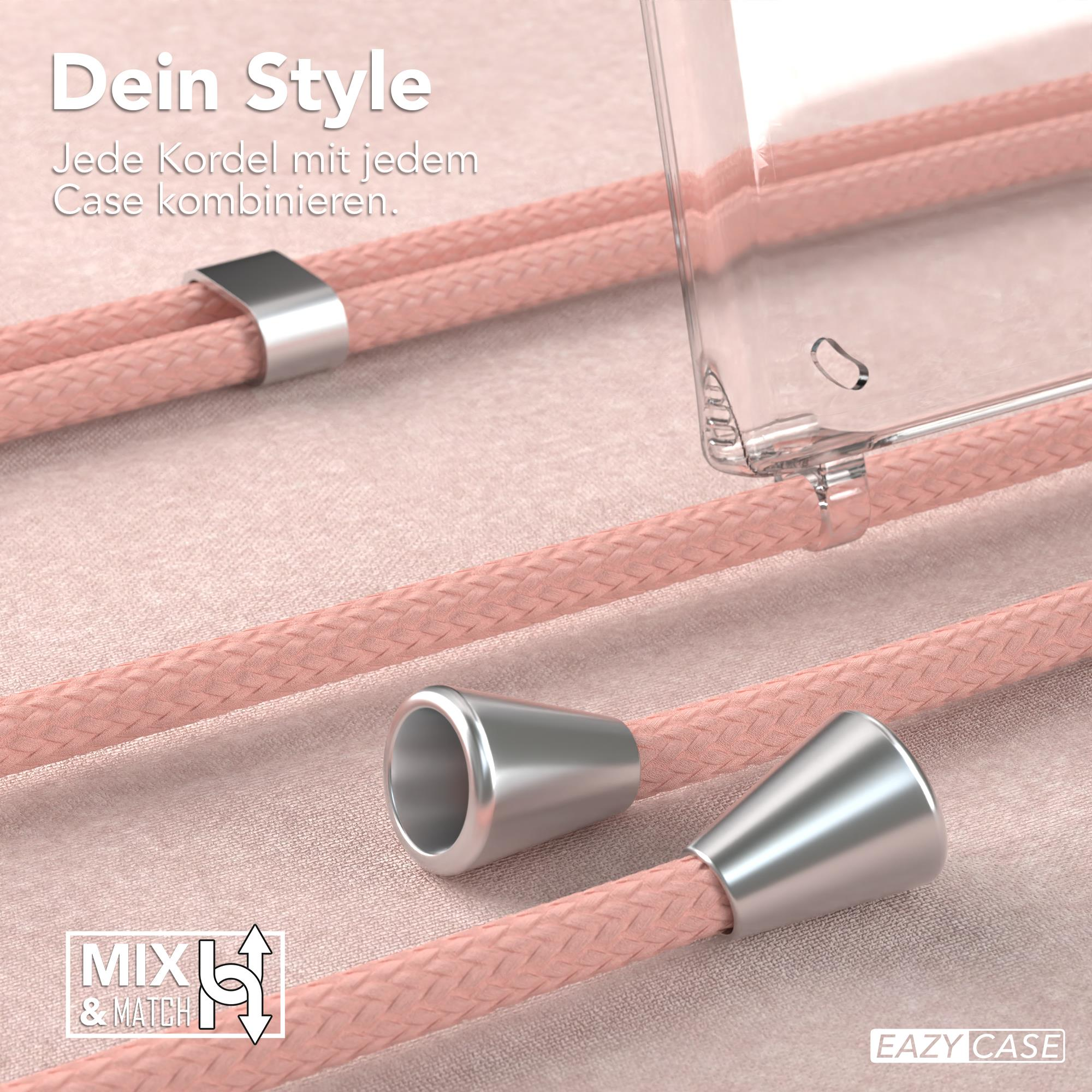Nahaufnahme von pinkfarbenen Kordeln mit silbernen Metallspitzen und Akzenten für eine Handyhülle. Text: MIX & MATCH und EAZY CASE.