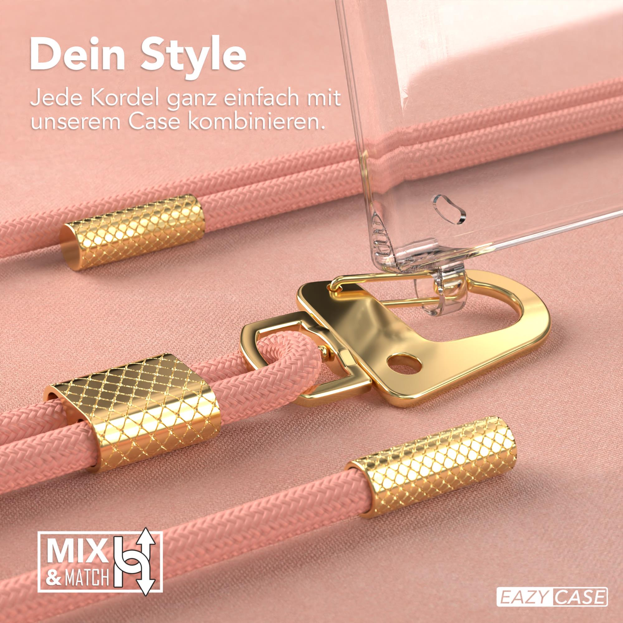 Pinke Handykordel mit goldenen Akzenten und transparente Handyhülle mit Text 'Mix & Match'.