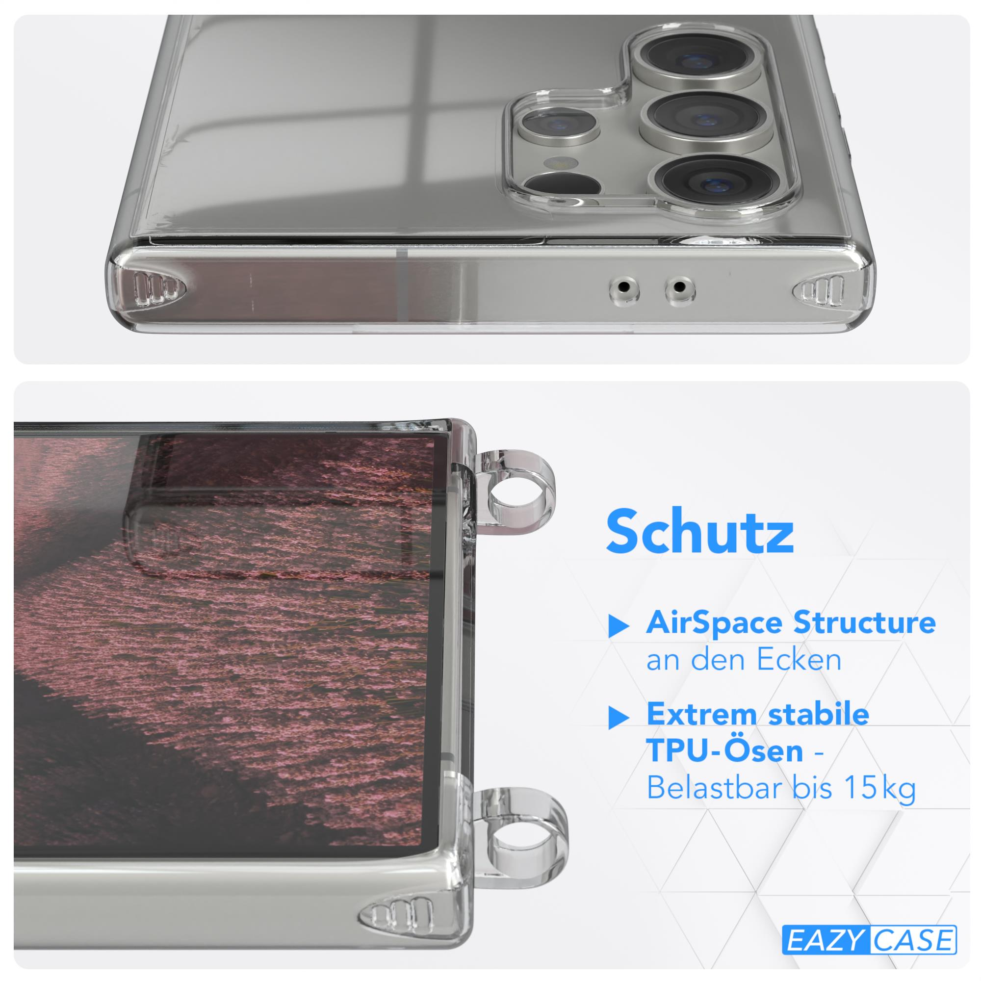 Ein Telefon in einer transparenten Hülle mit Text über die Eigenschaften der Hülle, neben einem Telefon.