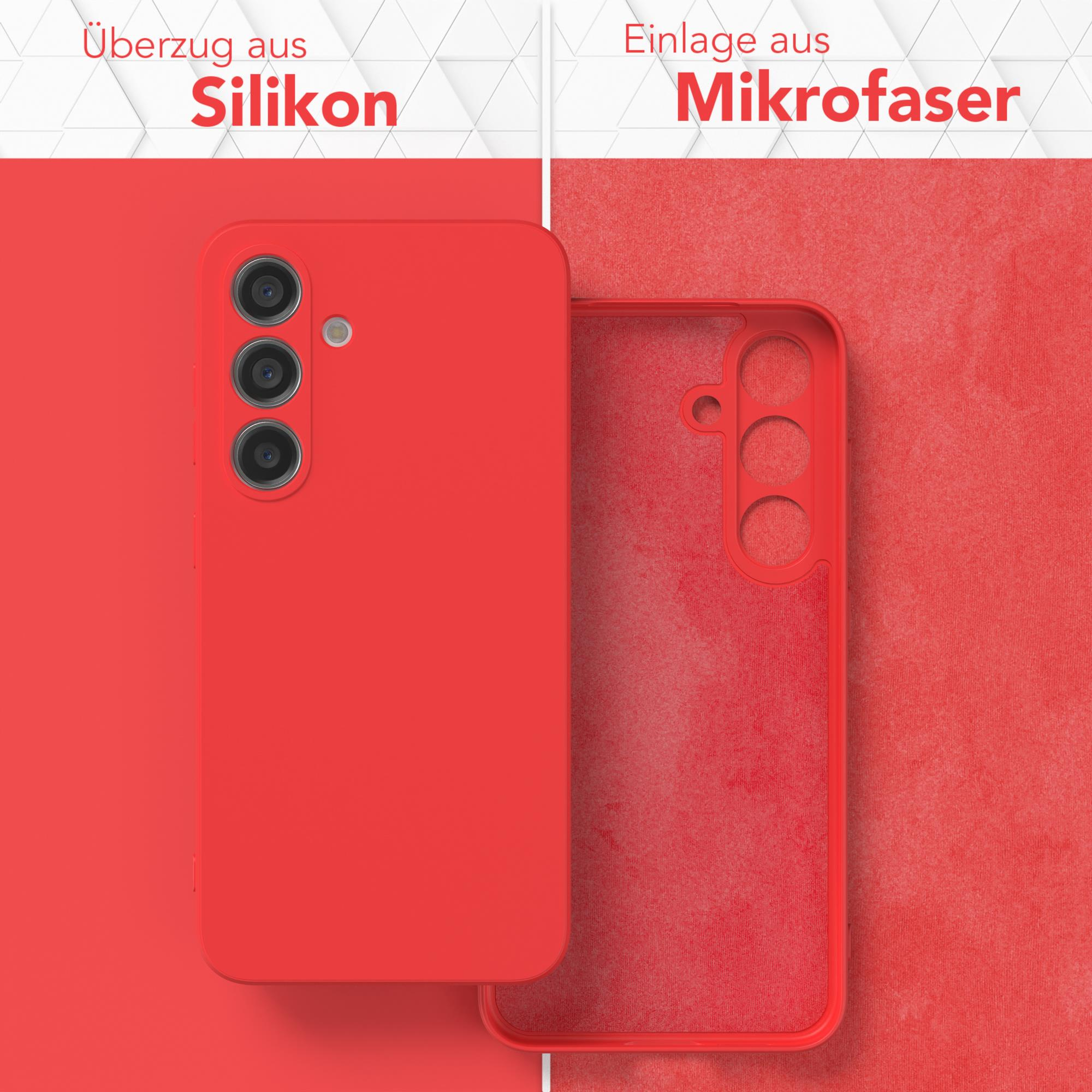 Rote Handyhülle, Silikon außen, Mikrofaser innen. Text oben.