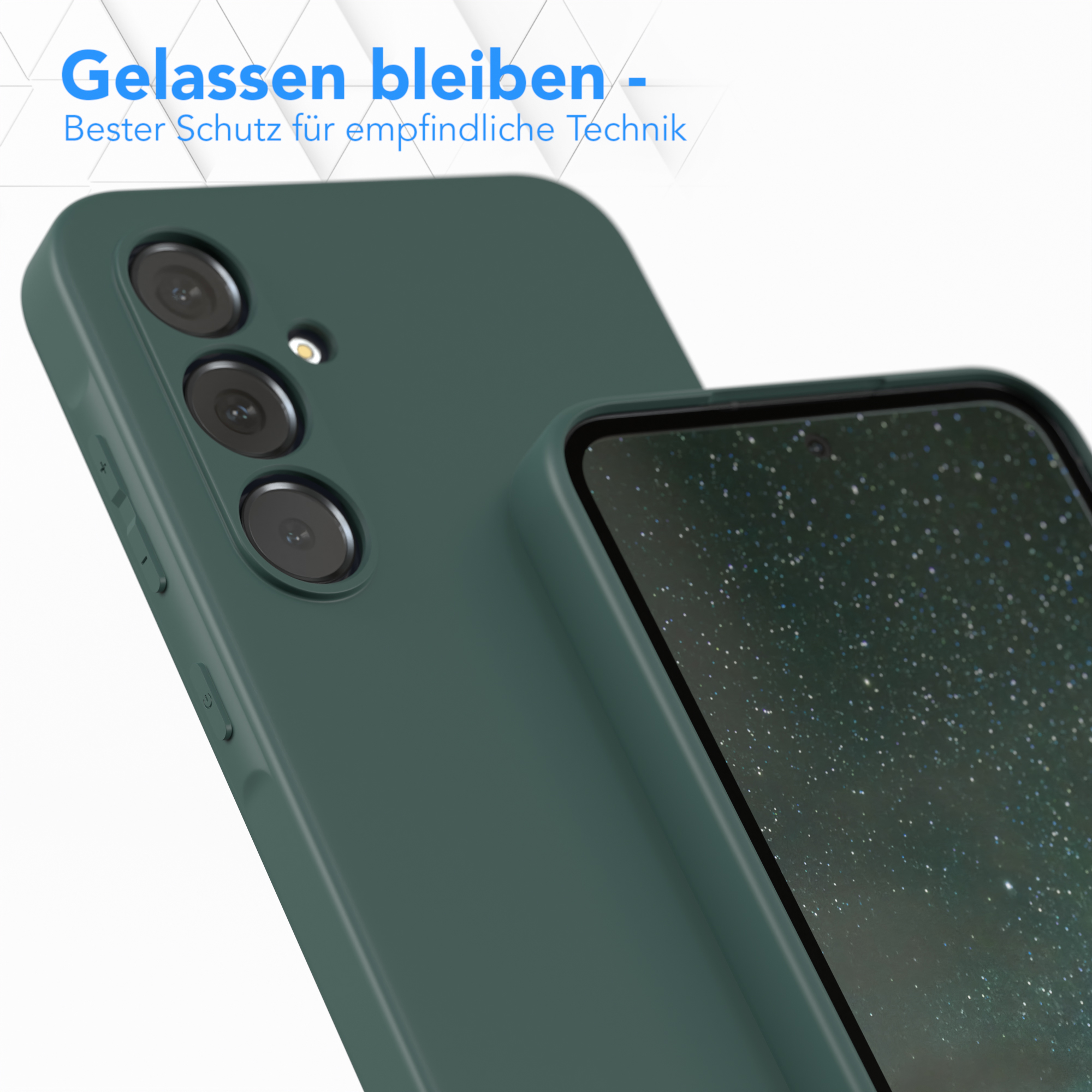 Eine grüne Handyhülle mit drei Kameralinsen und einem Bildschirm, Text oben. Dunkelgrüne Farbe.
