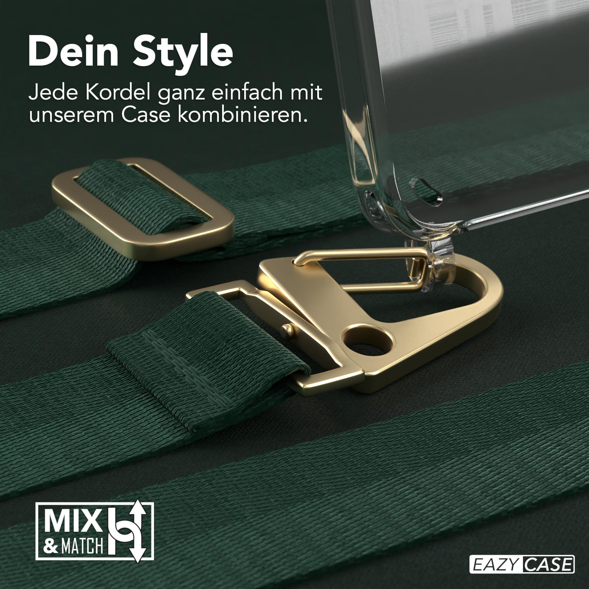 Nahaufnahme einer Handyhülle mit grünem Riemen, goldener Schließe und Text, dunkelgrüner Hintergrund.