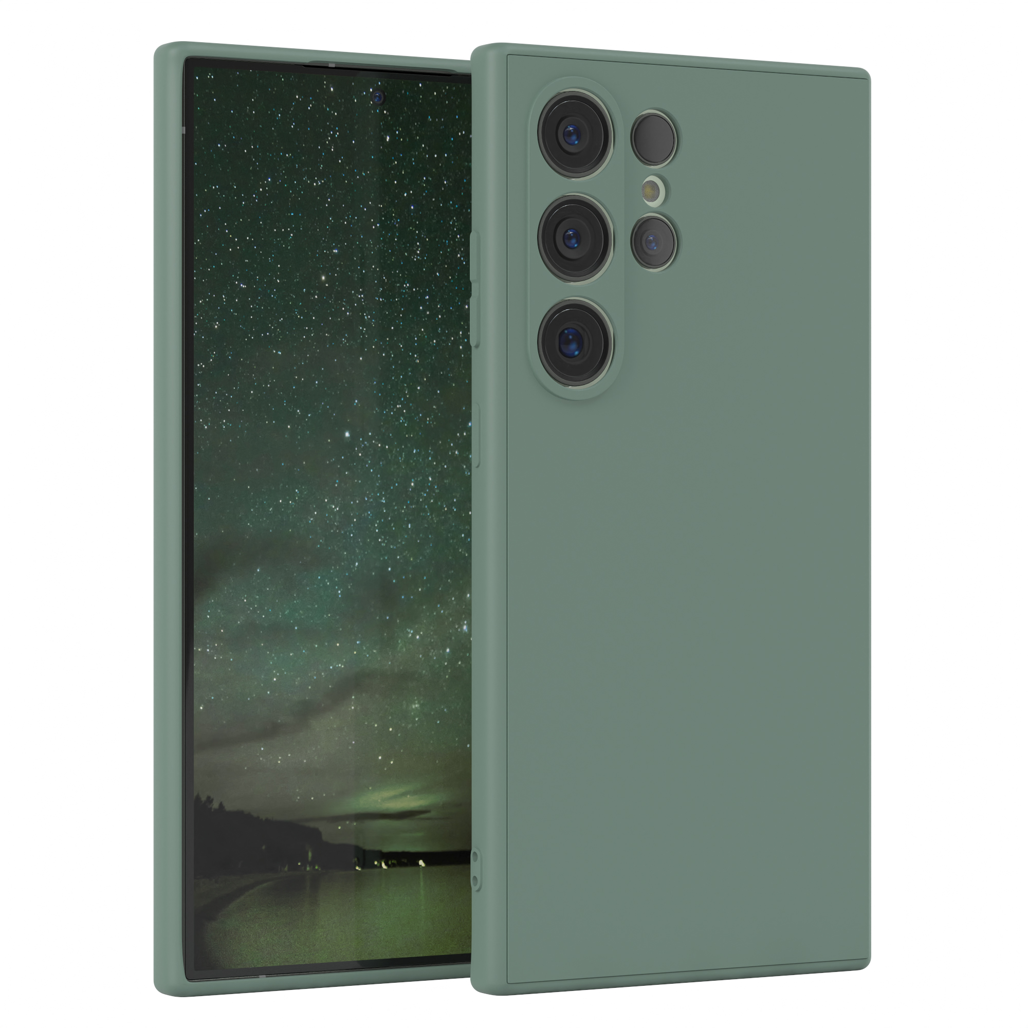 Grüne Handyhülle mit Handy. Das Handy hat 3 Kameras und eine grüne Hülle.