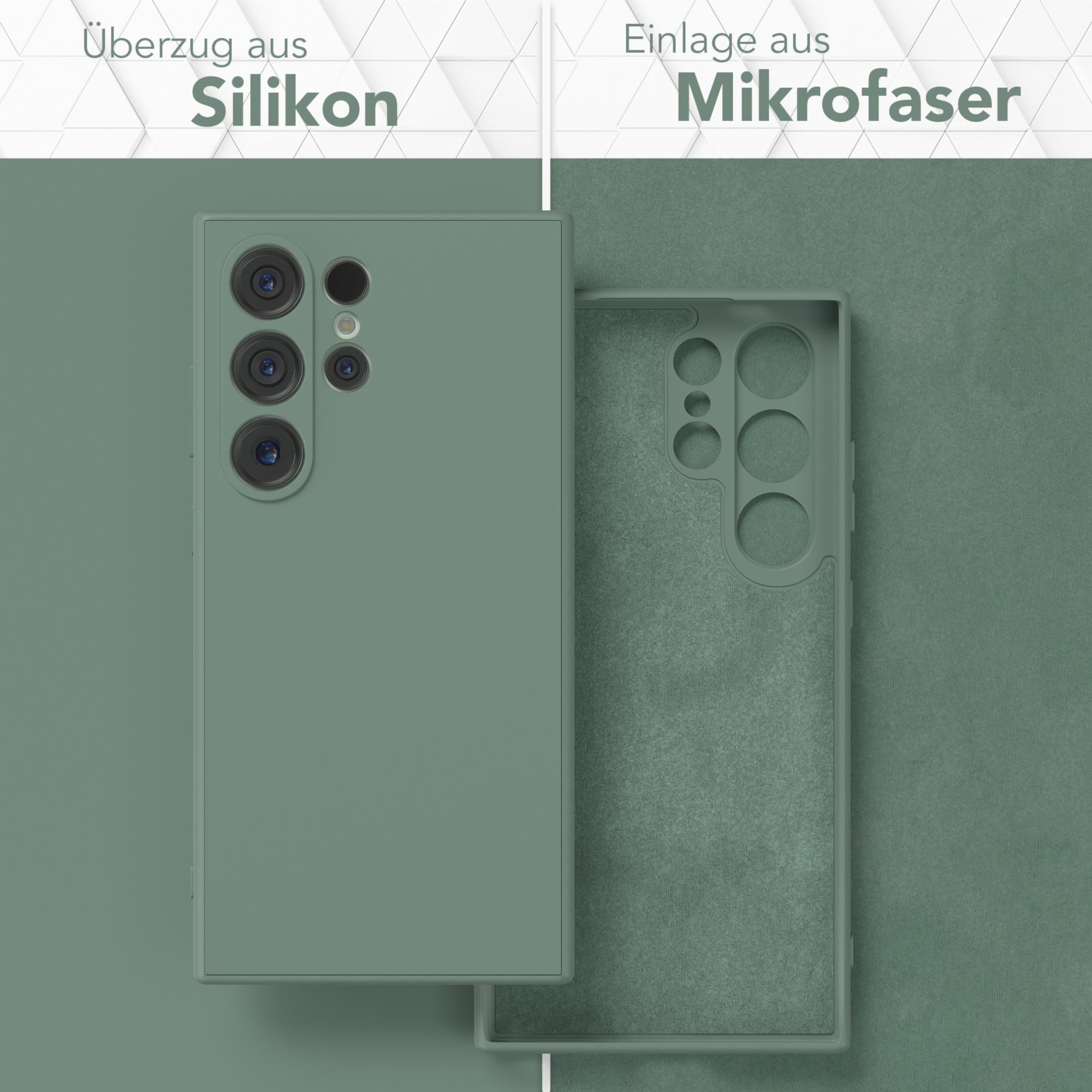 Handyhülle, grün, zeigt Silikon außen und Mikrofaser innen.