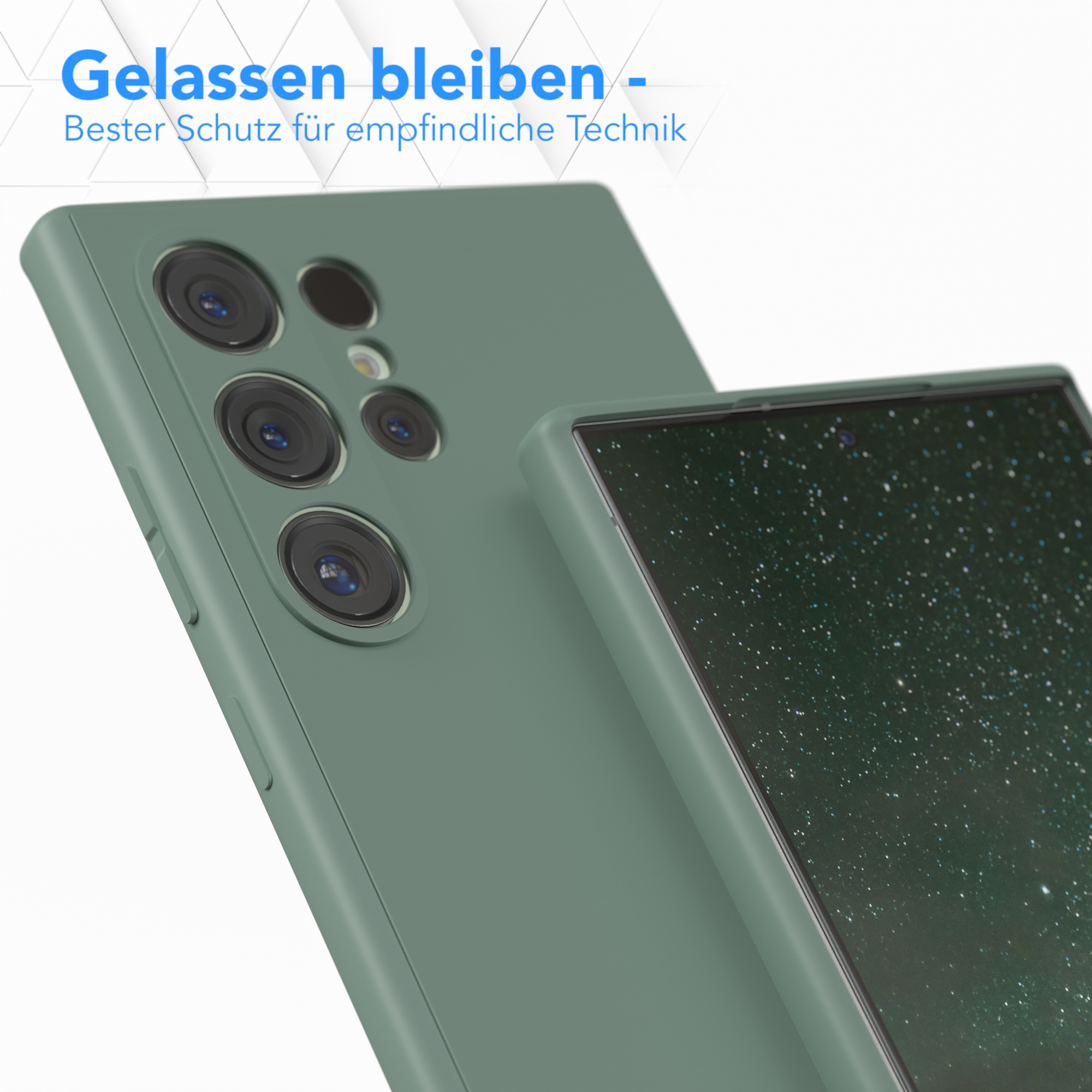 Grüne Handyhülle, eine andere Hülle an der Seite. Text oben.