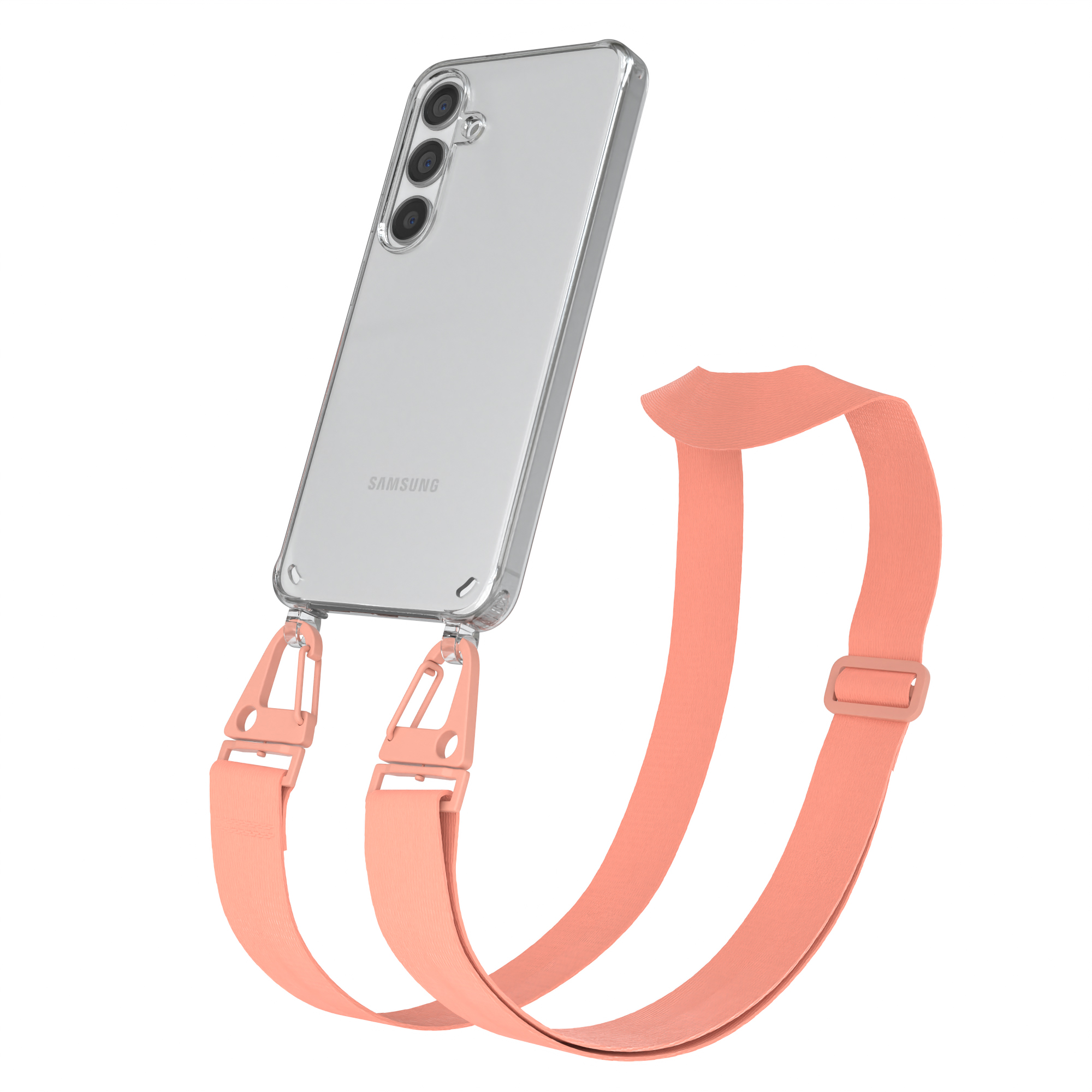 Transparente Handyhülle mit rosa Gurt und Telefon.