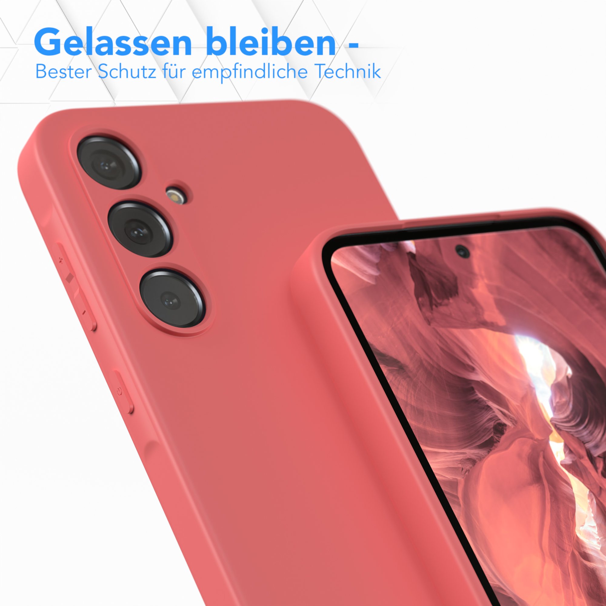 Rote Handyhülle mit Telefon darin, Text über Ruhe bewahren und Technik schützen.